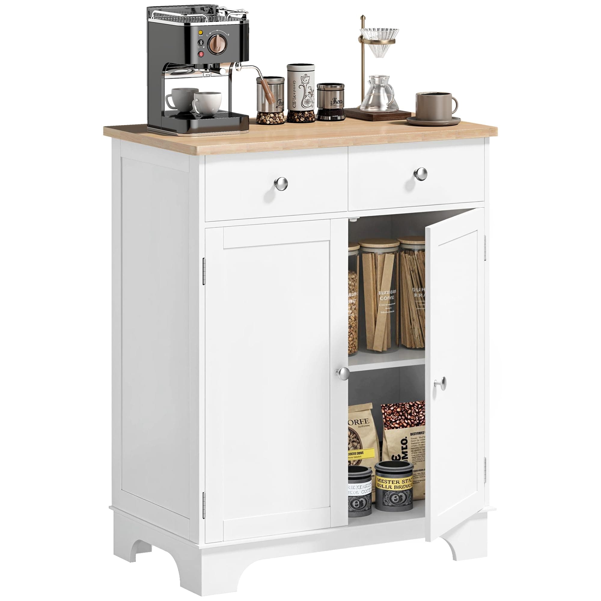 HOMCOM Sideboard Buffet Cabinet with Solid Wood Countertop, Modern Kitchen Storage Cabinet, Coffee Bar Cabinet with 2 Drawers, Doors and Adjustable Shelf, White