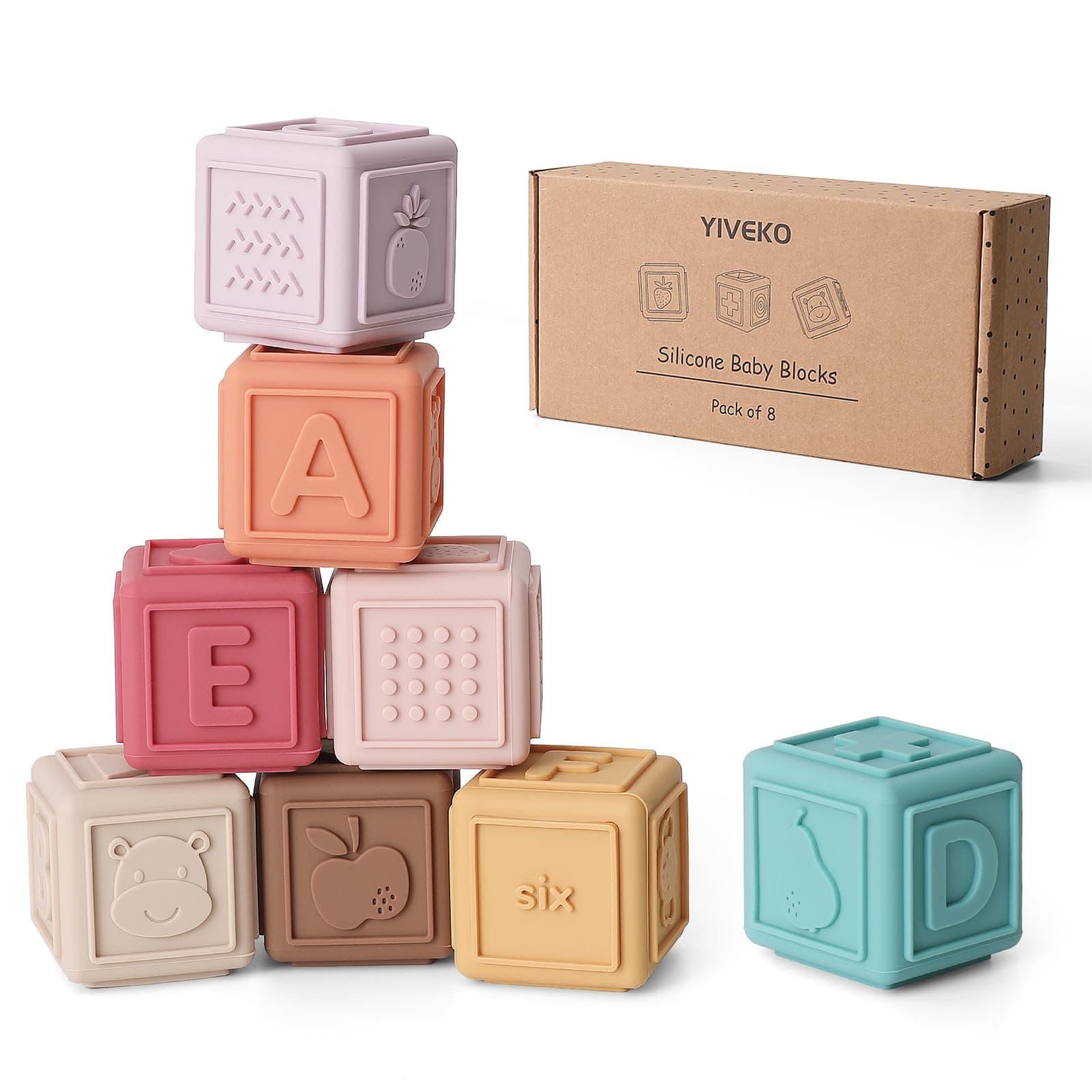 Baby Blocks Stacking for Babies Silicone Soft Building Blocks Teethers Montessori Toys for Babies Education Toys for Toddler Baby 8 PCS-Vintage