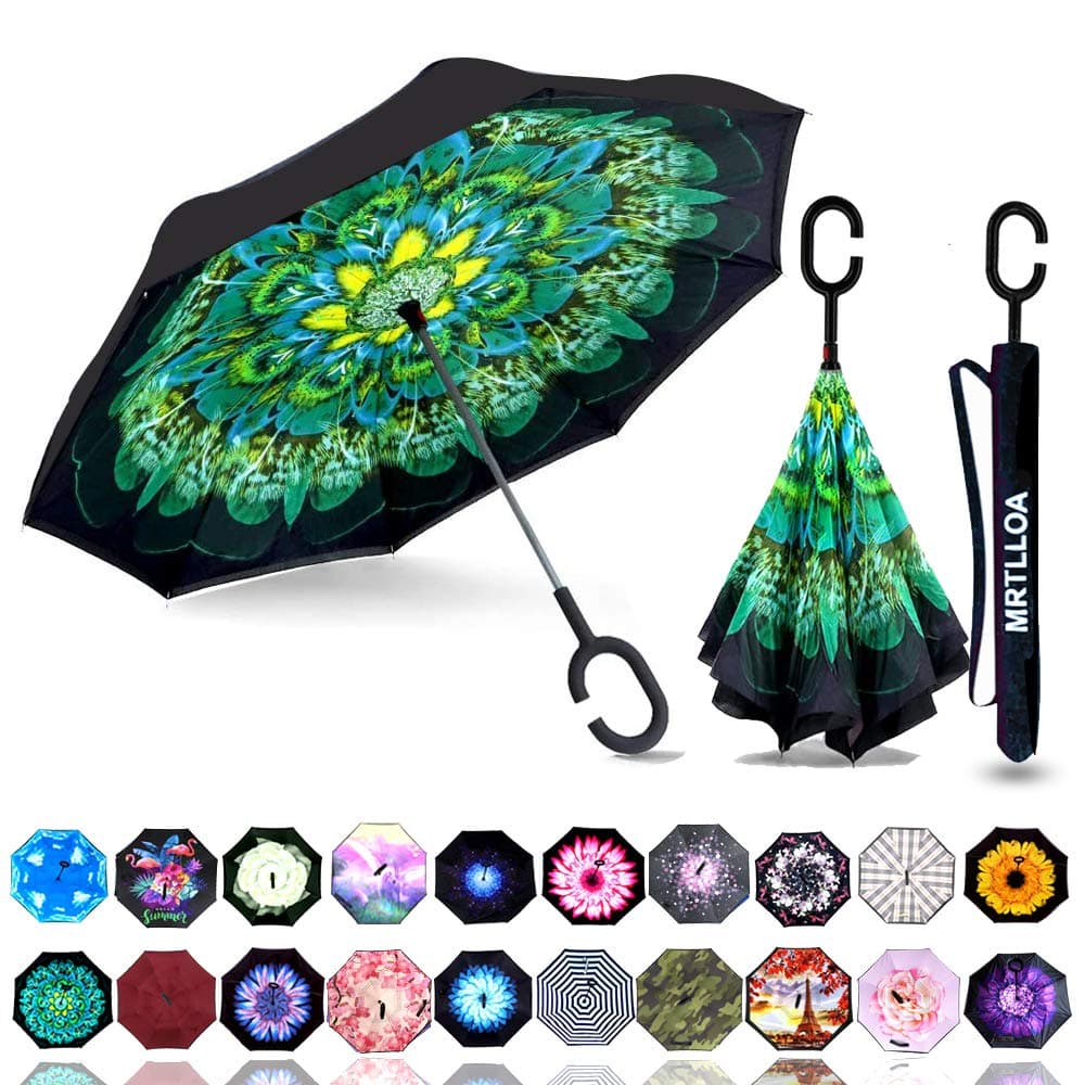 40/49/56 Inch Oversize Windproof Inverted Reverse Upside Down Umbrella, Golf Size Rain Umbrella, Double Layer, C-Shaped Handle for Men, Women and Kids