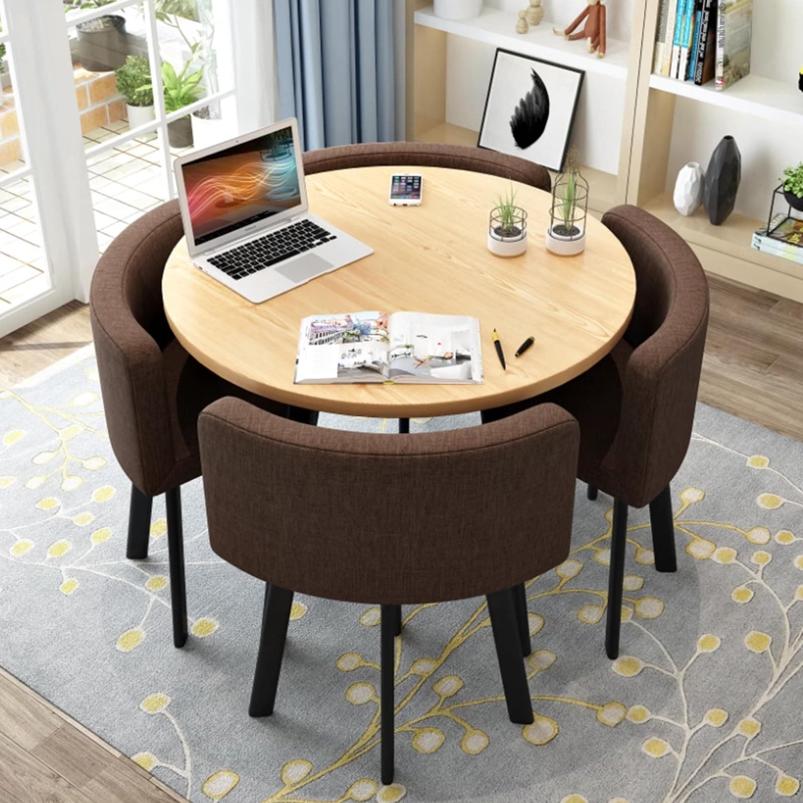 Round Kitchen Dining Table Set for 4, Space Saving Table and Chairs Set with Thick Tabletop 4 Upholstered Chairs, Dinning Room Modern Casual Coffee Table Set(D 31.5inch/80cm, Coffee)