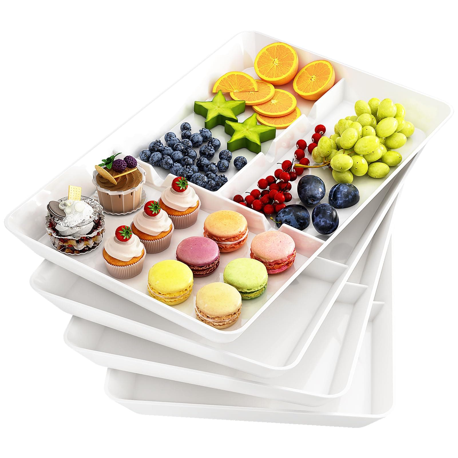 4 Pack Serving Tray Plastic, Compartment Serving Platters, BPA free, Dinner/Fruit/Snack Food Tray for Kichen, Bar, Buffets, Party, Thanks Giving Day, Christmas