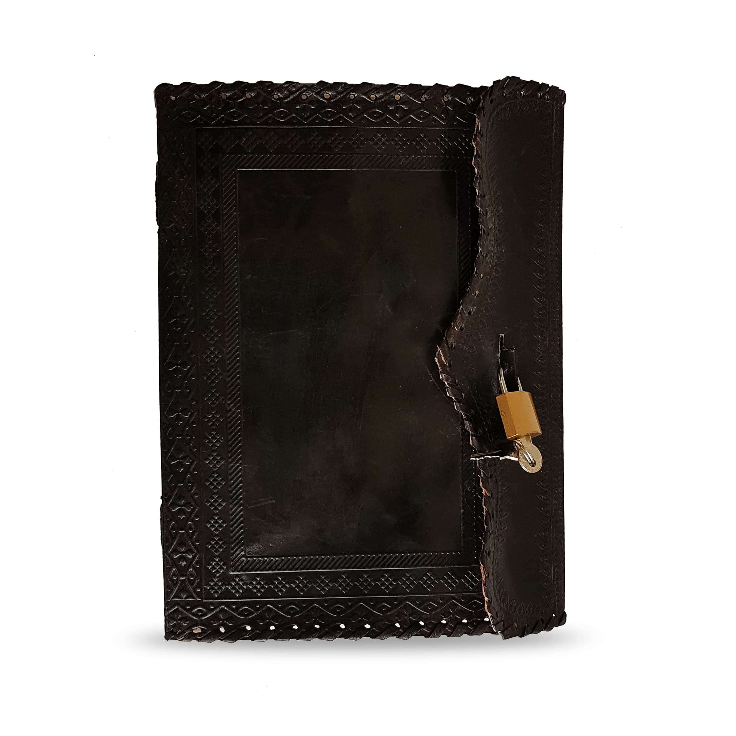 10" Leather Journal with lock Writing Pad Blank Notebook Handmade Notepad Men & Women Unlined Paper Best Present Art Sketchbook Travel Diary To Write Book Of Shadow Refillable Grimoire Black