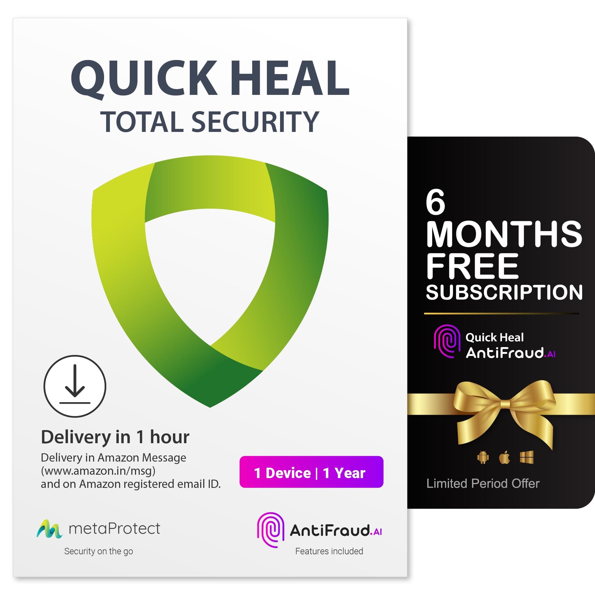 Quick Heal Total Security | Windows PC/Laptop | 1 User, 1 Year | Dark Web Monitoring & Parental Control | Banking Protection | Email Delivery in 1hr | + 6 month AntiFraud.AI for IOS/Android