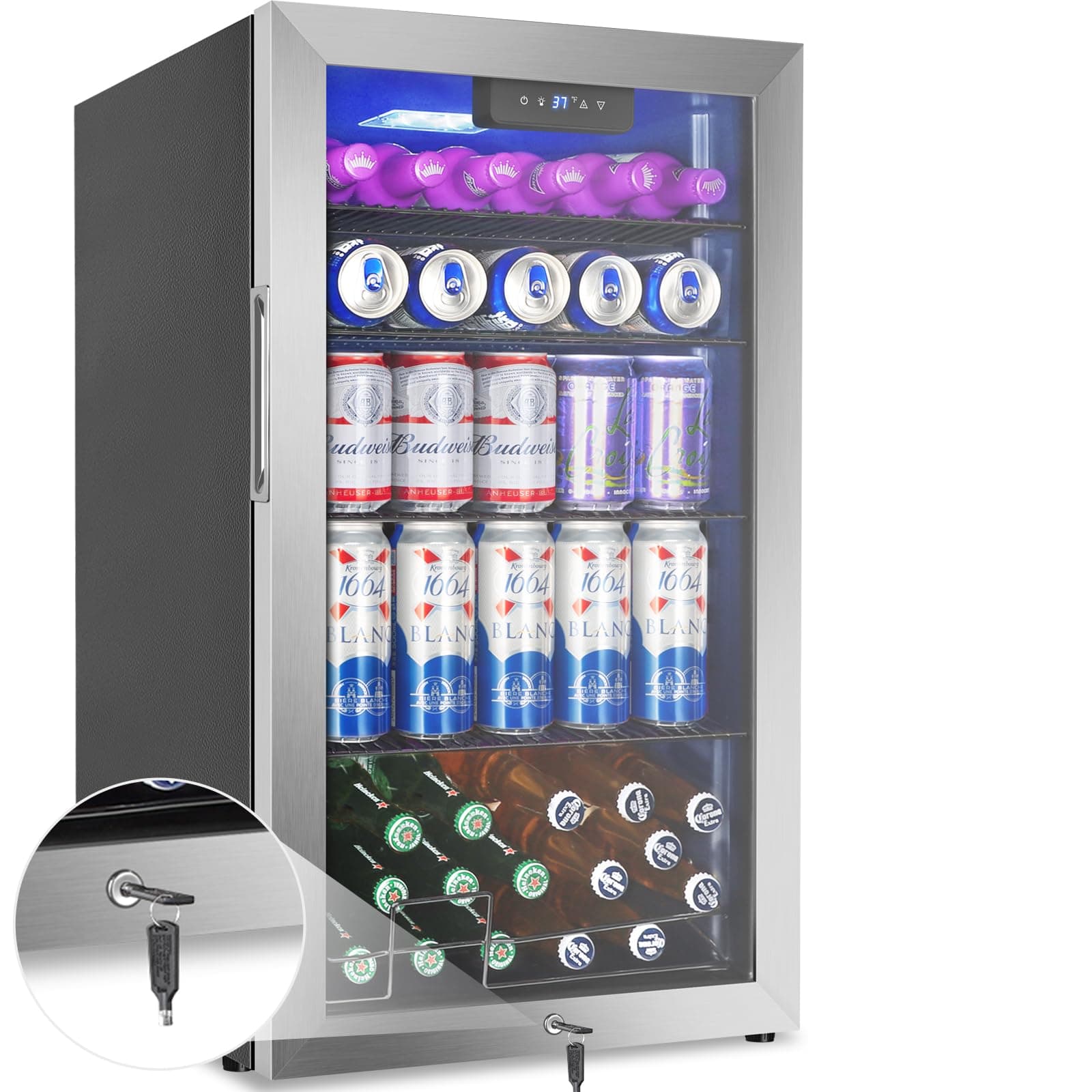 - 24 Inch Beverage Refrigerator Cooler,210 Cans Wide Beverage and Beer Fridge with Glass Door and Powerful Cooling Compressor, Built-in/Freestanding Drink Fridge for Kitchen, Bar or Office