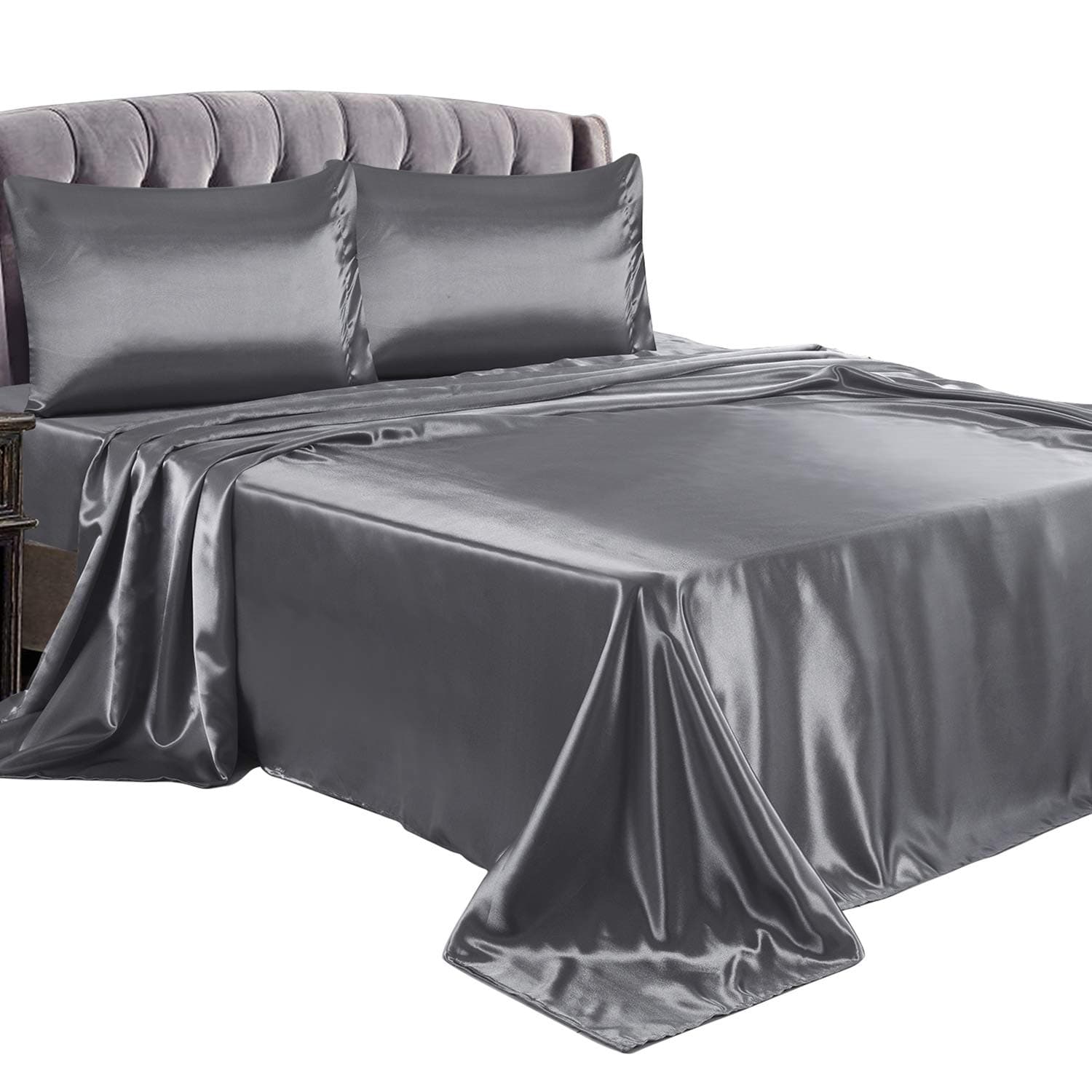 LITHER Full Size Satin Sheets Set Grey, Deep Pockets Fitted Sheet, Silky and Breathable Luxury Bed Sets