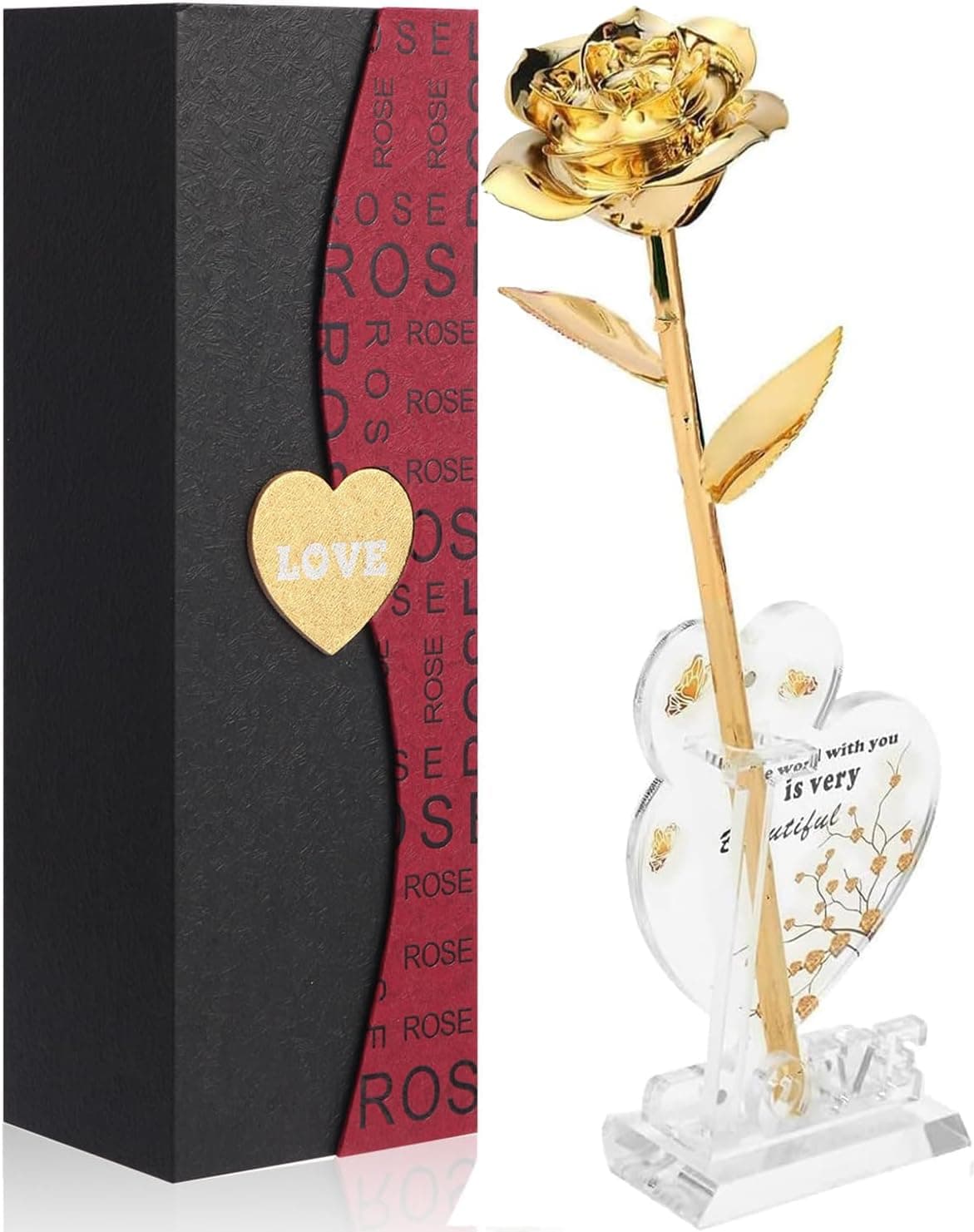 Gold Dipped Rose 24k Red Gold Plated Rose - Everlasting Long Stem Real Rose Exquisite Holder, Romantic Gift for Valentine's and Mother's Day, Gfts for Her Anniversary (Gold Rose)