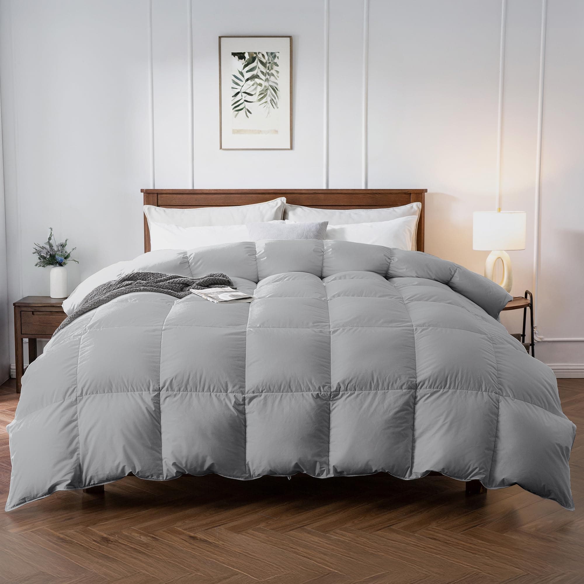 Premium Feather Down Comforter Queen Size 90" x 90", High Fill-Power Medium Warmth 100% Cotton Shell All Season Duvet Insert, Gray