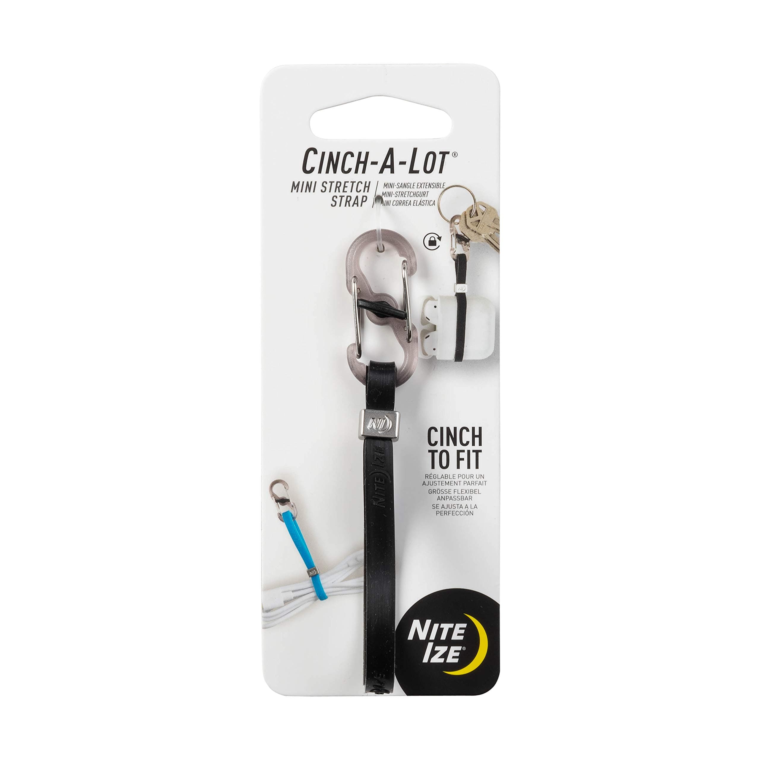 Cinch-A-Lot Mini Stretch Strap, Adjustable Slider and Strap Holds Earbuds Cases, Hand Sanitizer and Lip Balm, Black