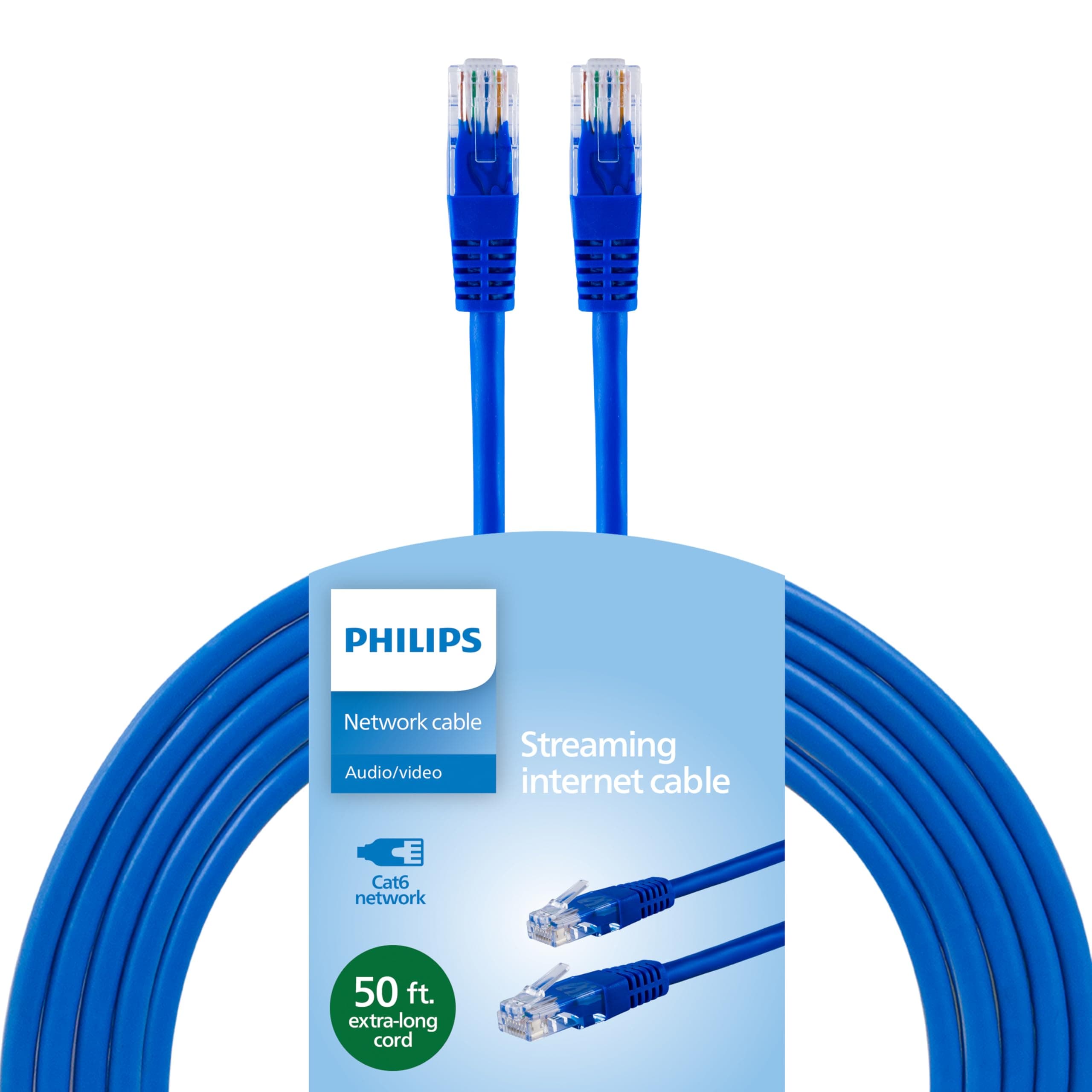 Philips Cat6 Ethernet Cable, Extra Long 50 Ft Cord, 10 Gbps, 250Mhz, RJ45M Connector, for Computer, Game Console, Cable/DSL Modem, Network Switch, Streaming Device, Blue, SWR3533GR/37