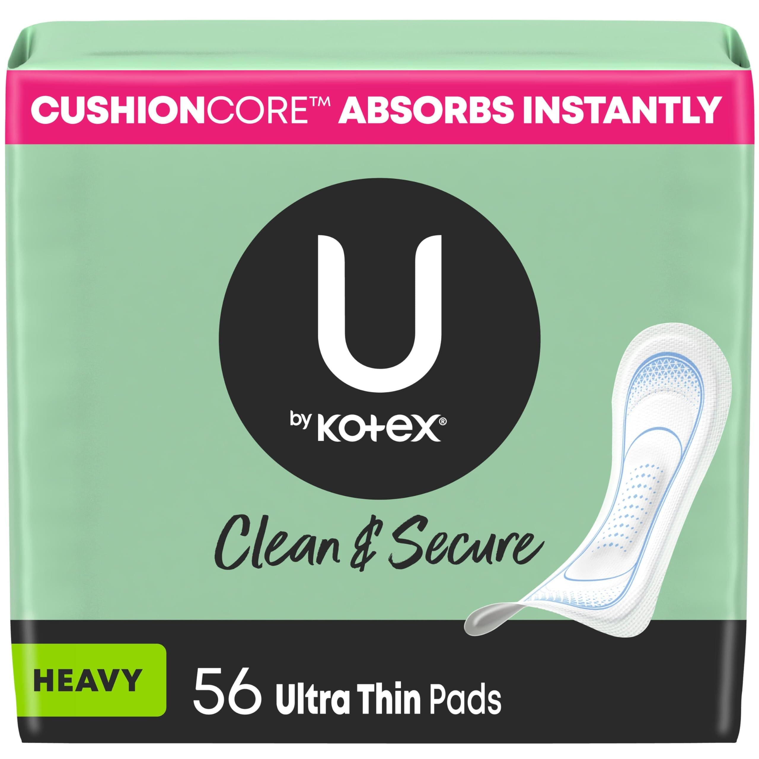 U by Kotex Clean & Secure Ultra Thin Pads, Heavy Absorbency, 56 Count (Packaging May Vary)