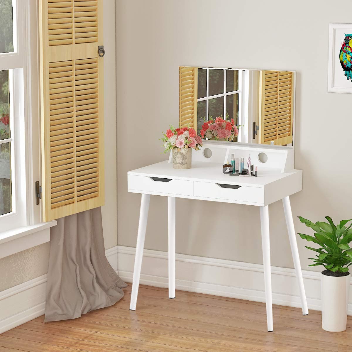 Storeinuk White Modern Dressing Table,2 Large Drawers and Rectangular Mirror for Bedroom Made of MDF, Size: 85 x 40 x 131 cm