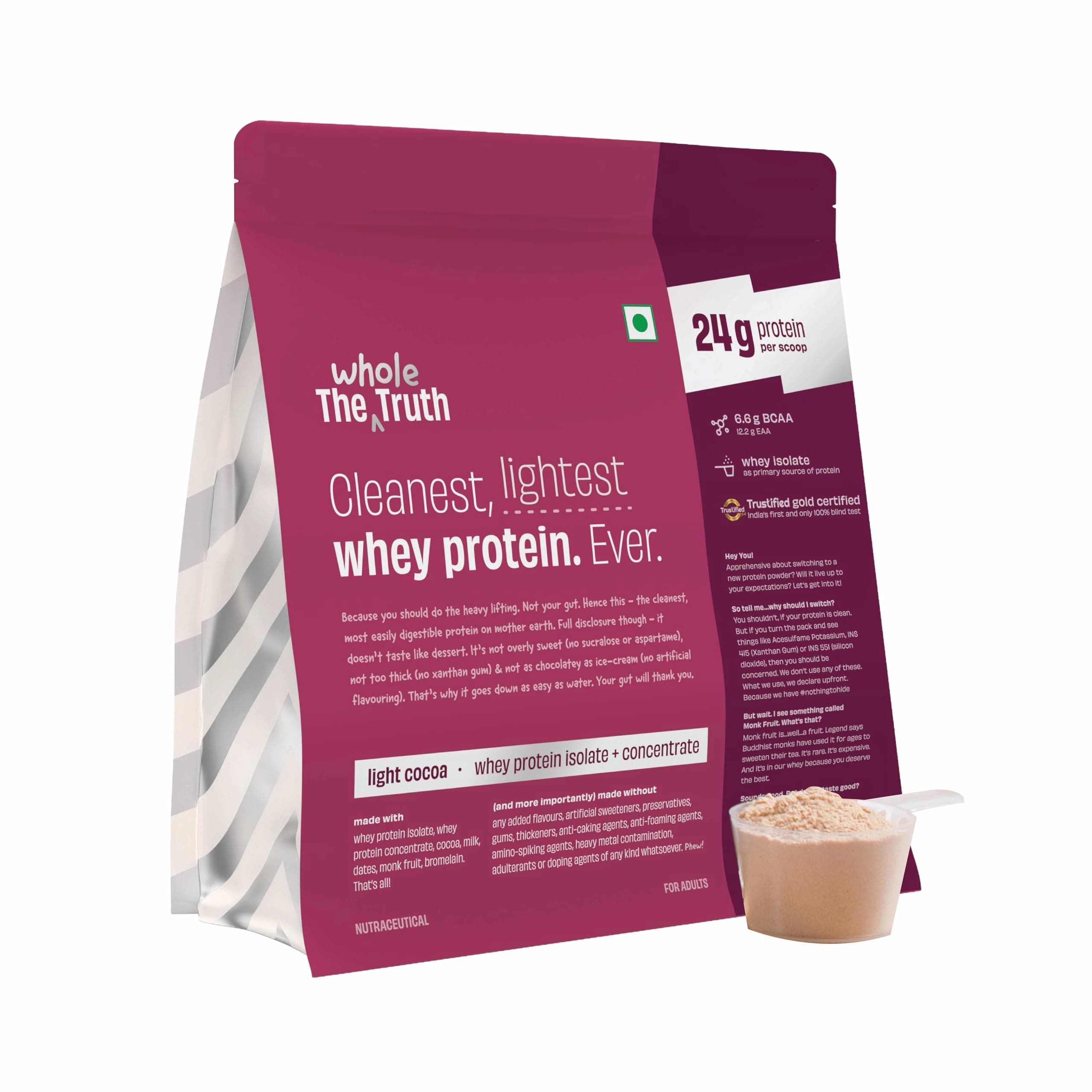 Whey Protein Isolate+Concentrate | Light Cocoa 1 kg (2.2 lbs) | 24g Protein per scoop | 6.6g BCAA | No Adulteration | Clean, Light & Easy to Digest | Vegetarian