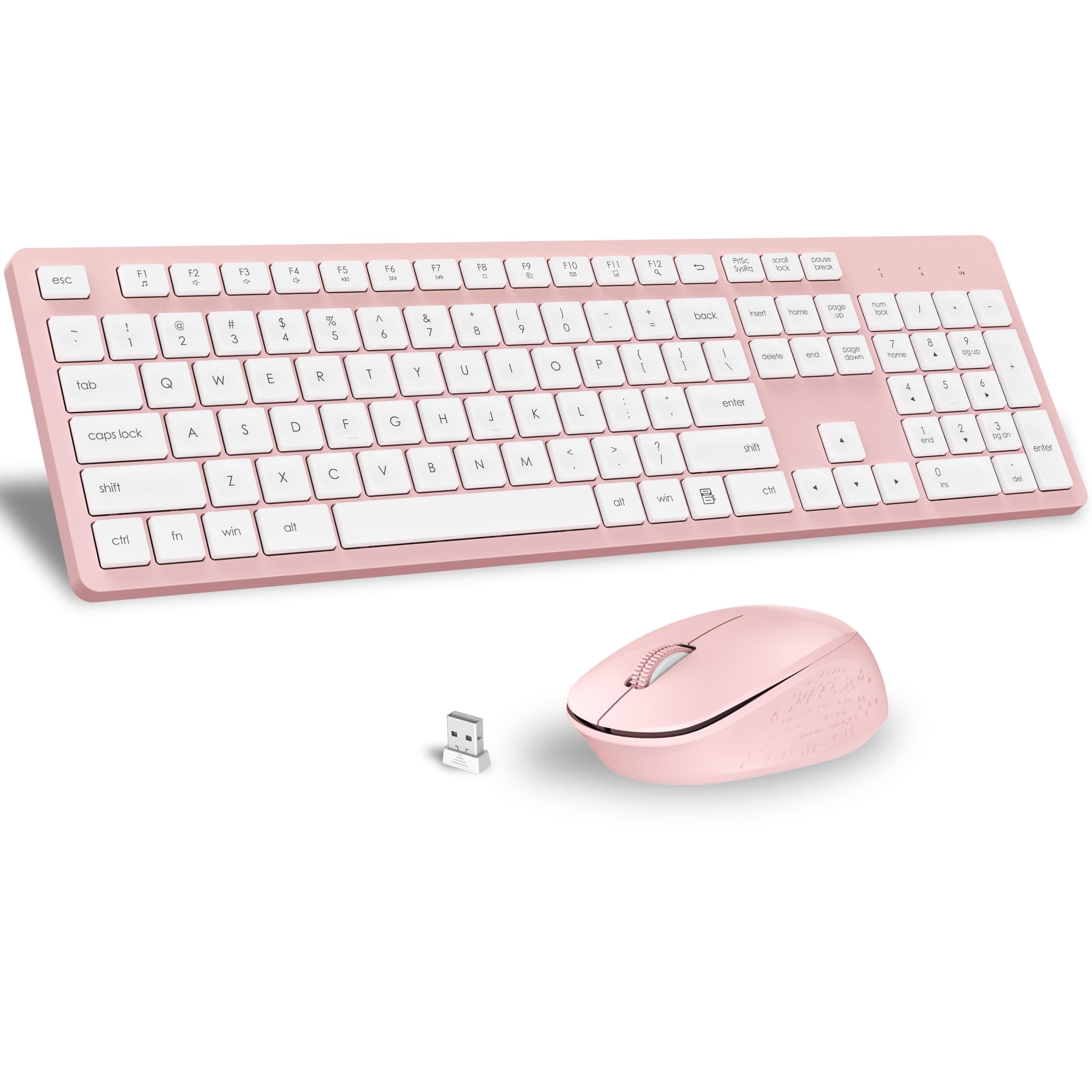 LeadsaiL Wireless Keyboard and Mouse Combo, Full-Sized Ergonomic Computer Keyboard, 2.4GHz Cordless Keyboard Silent Mouse Set with 2-in-1 USB Receiver, 12 FN Shortcuts for Windows Laptop, PC/Mac-Pink
