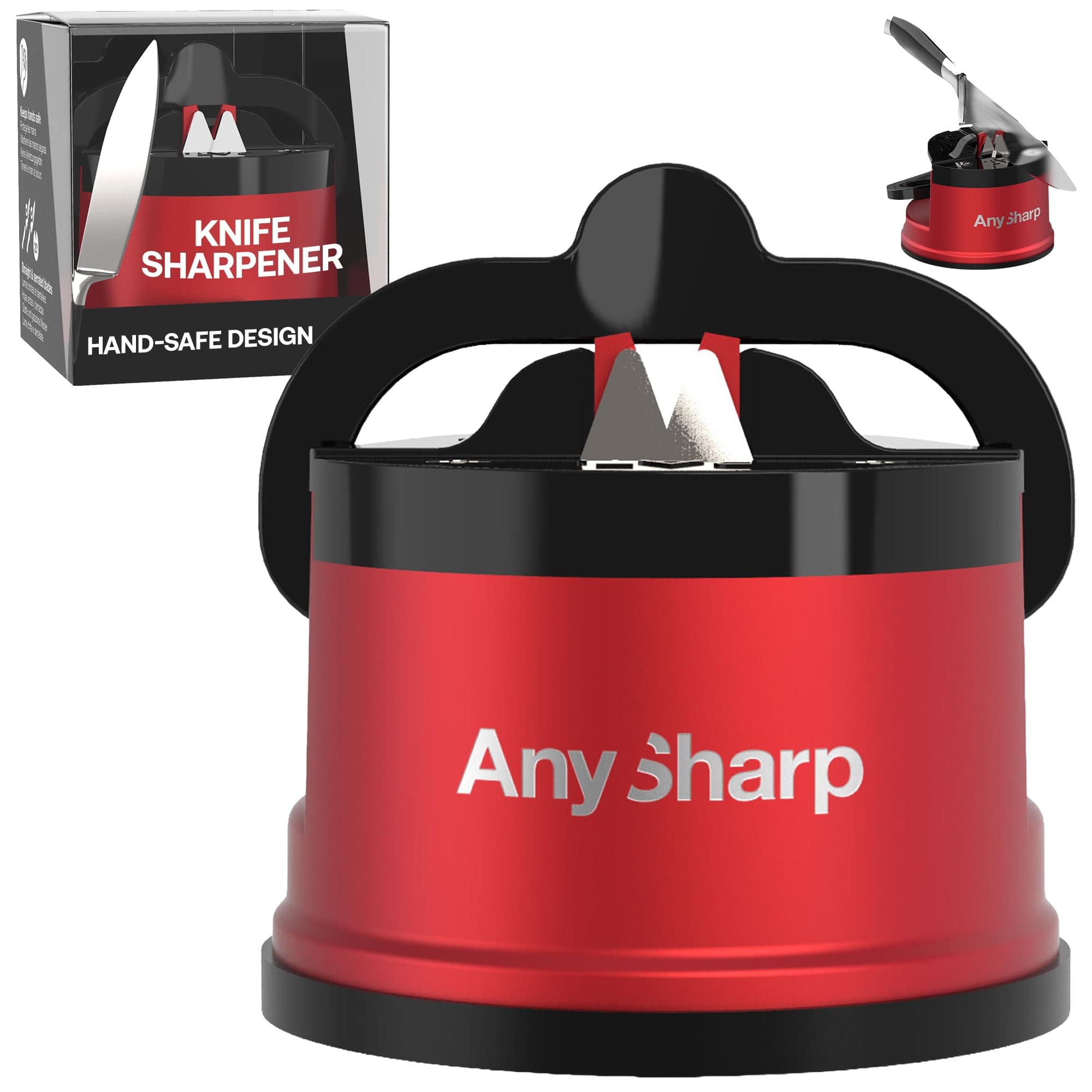 Pro – Hands Free Knife Sharpener - Easy to Use Sharpening Tool with PowerGrip Suction Base and 20-Degree Pre-Set Angle - for All Knives: Chef's, Serrated, and Hardened Steel - Matte Red