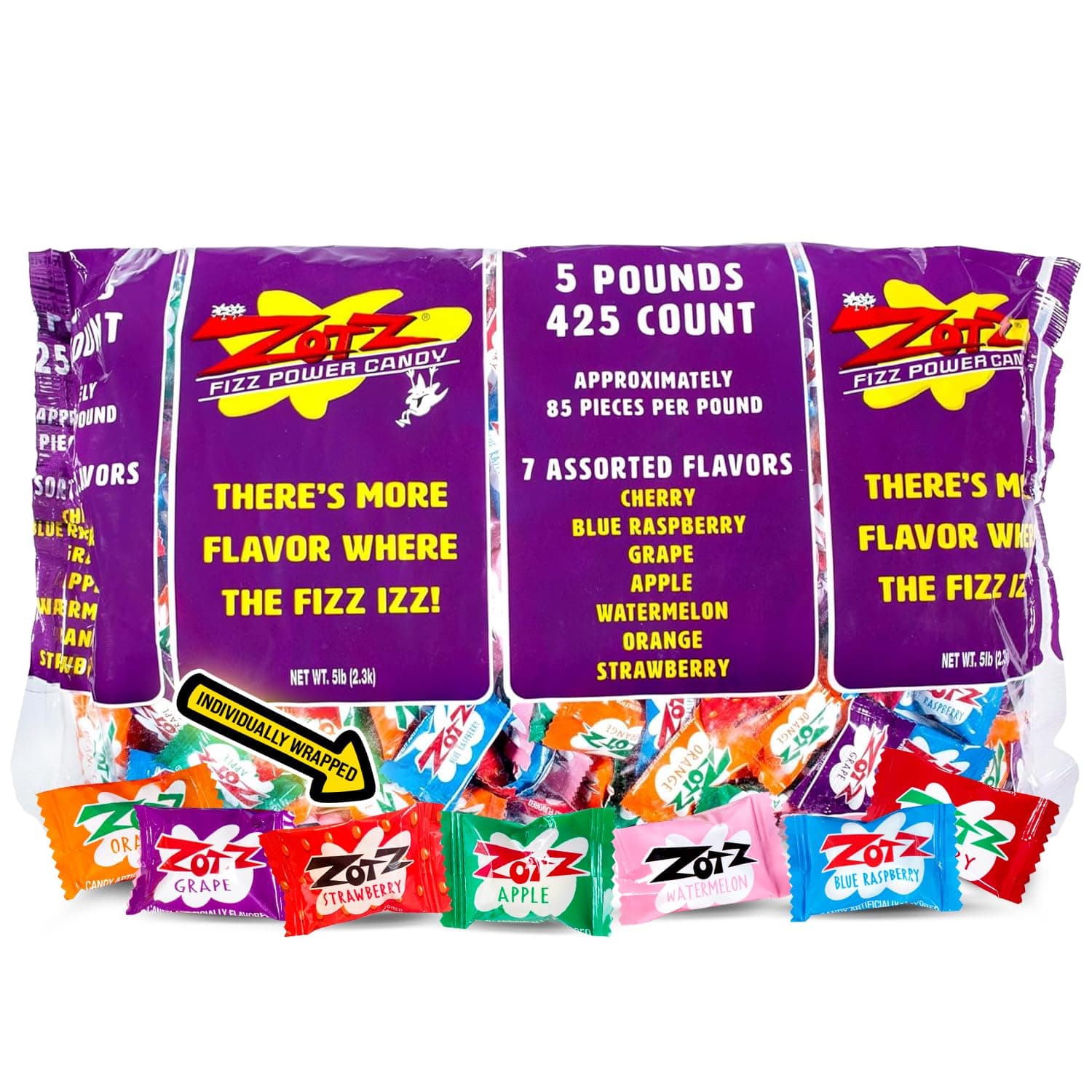 Zotz Fizzy Bulk Candy (Assorted, 425 Units)- Hard Candy Individually Wrapped- Assorted 7 Fruit Flavors, Cherry, Watermelon, Strawberry, Blue Raspberry, Apple, Orange & Grape- From Italy Since 1970