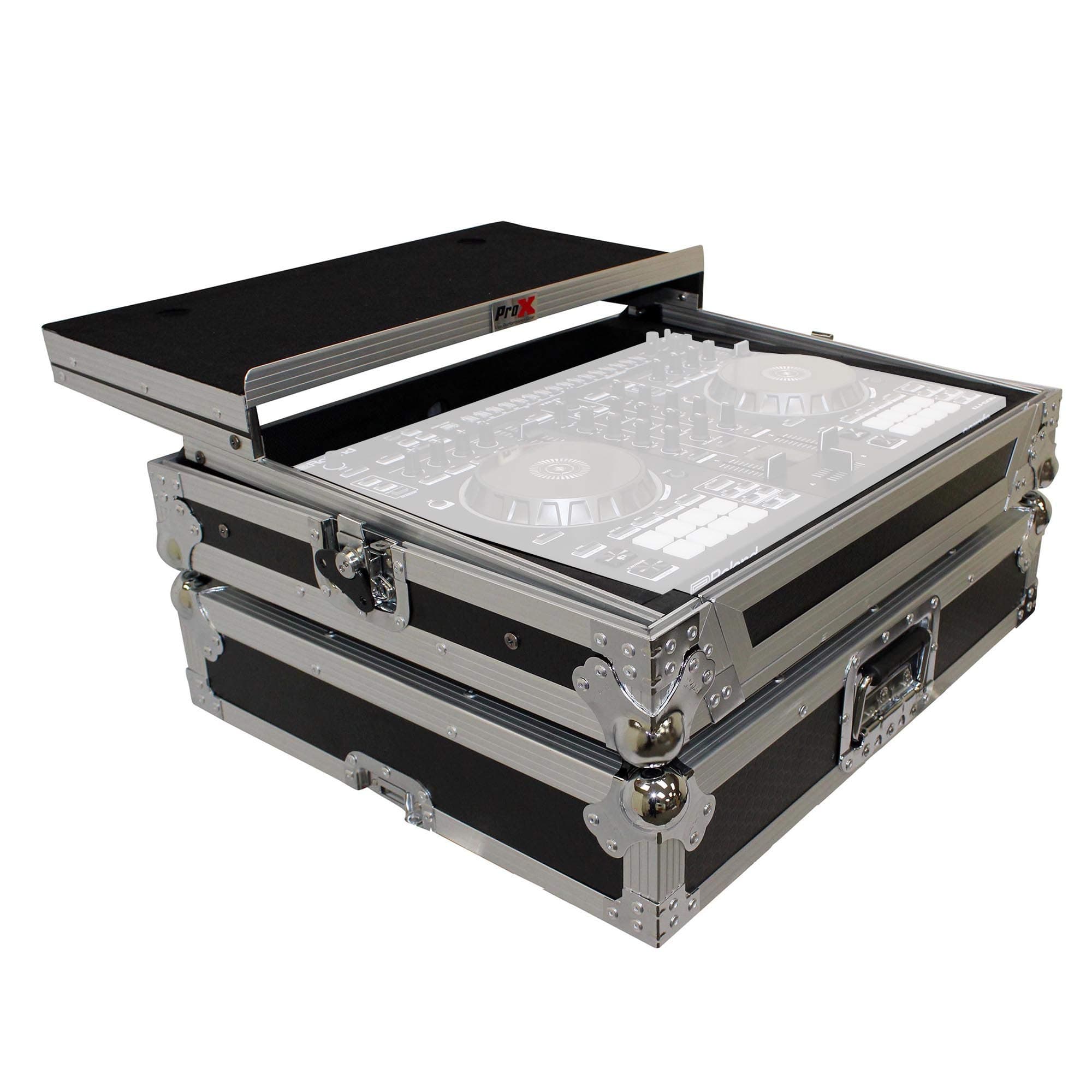ProX Flight Case for Roland DJ-505 Digital Controller With Sliding Laptop Shelf - Silver on Black Design - XS-DJ505LT