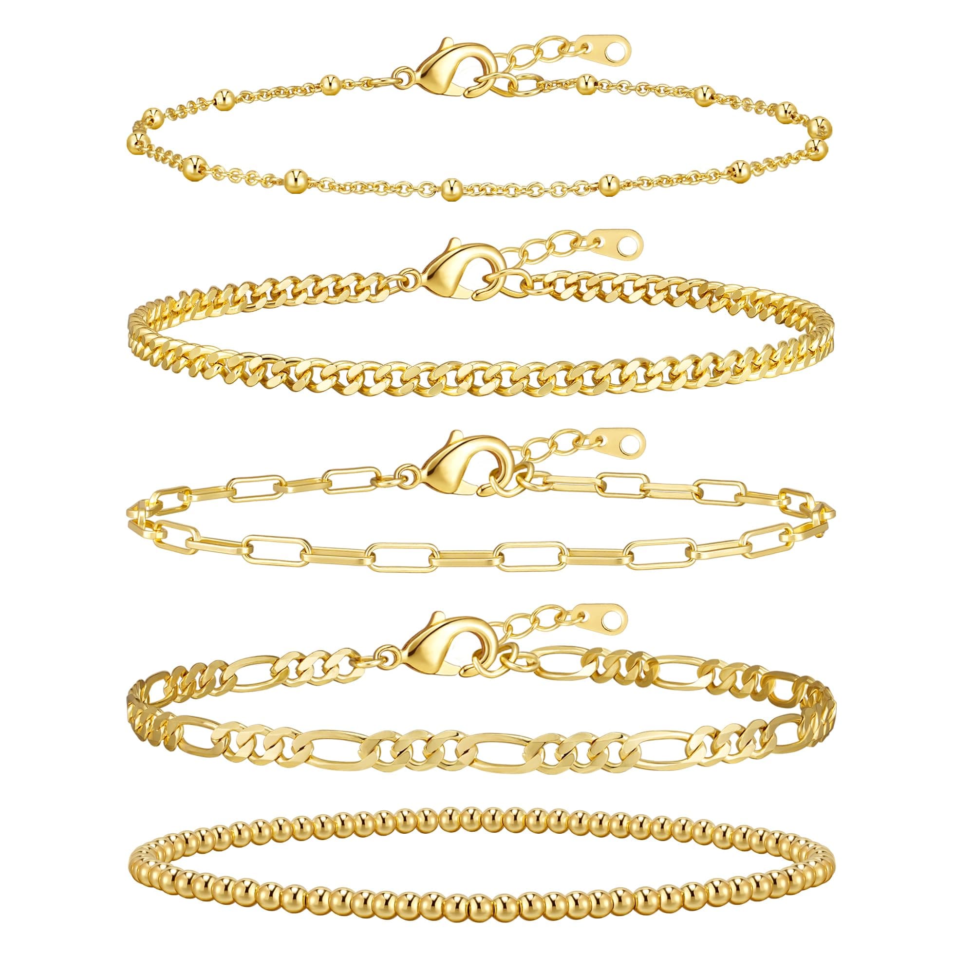 adoyi Gold Bracelets for Women, 14K Gold Plated Stackable Bracelet Stack Set Adjustable Charm Paperclip Chain Cuban Link Layered Waterproof Jewelry Sets Gifts for Womens
