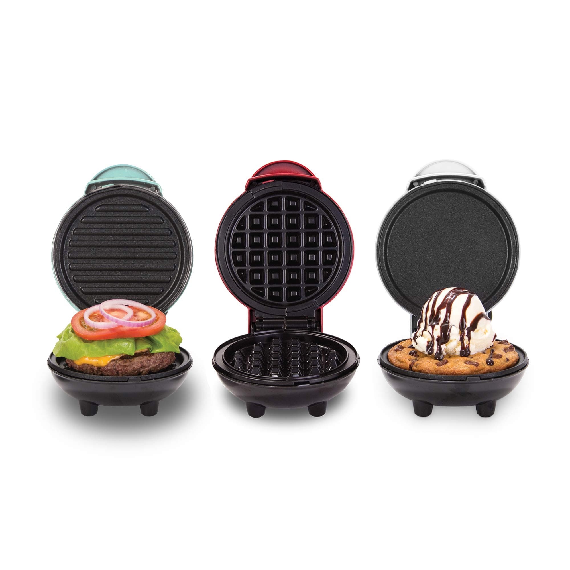 Mini Maker Set - Customized Treat Maker - Supports Multi-Function Cooking - Easy Cleanup and User-Friendly Design - White, Aqua & Red - Waffle, Grill & Griddle Irons