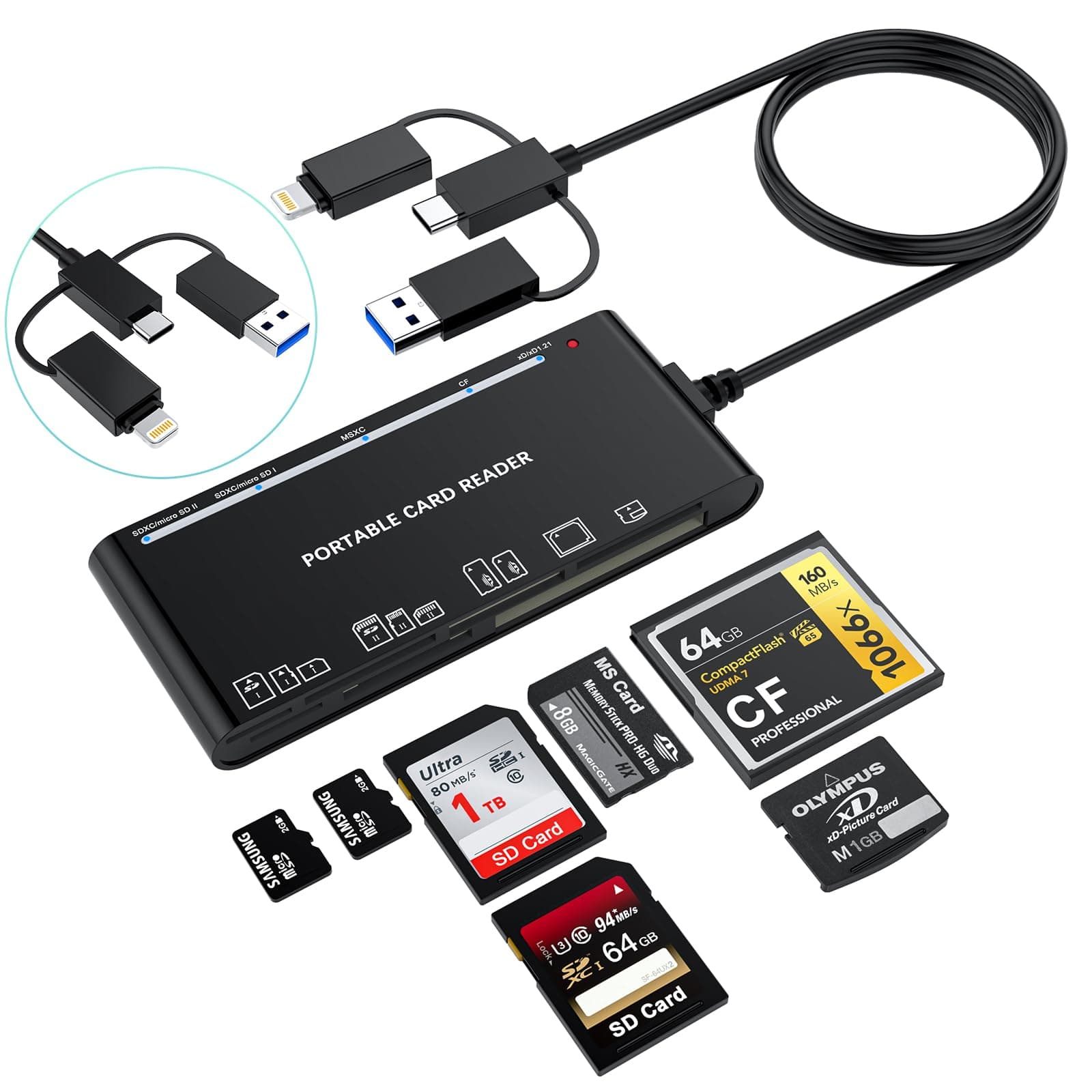 Rocketek7-in-3 USB C Lightning USB 3.0 Multi Card Reader Universal Memory Card Adapter Hub for iPhone, iPad, MacBook, Samsung Support SD,CF,Micro SD,XD,MS,TF Compatible with Windows, Mac OS, iOS,