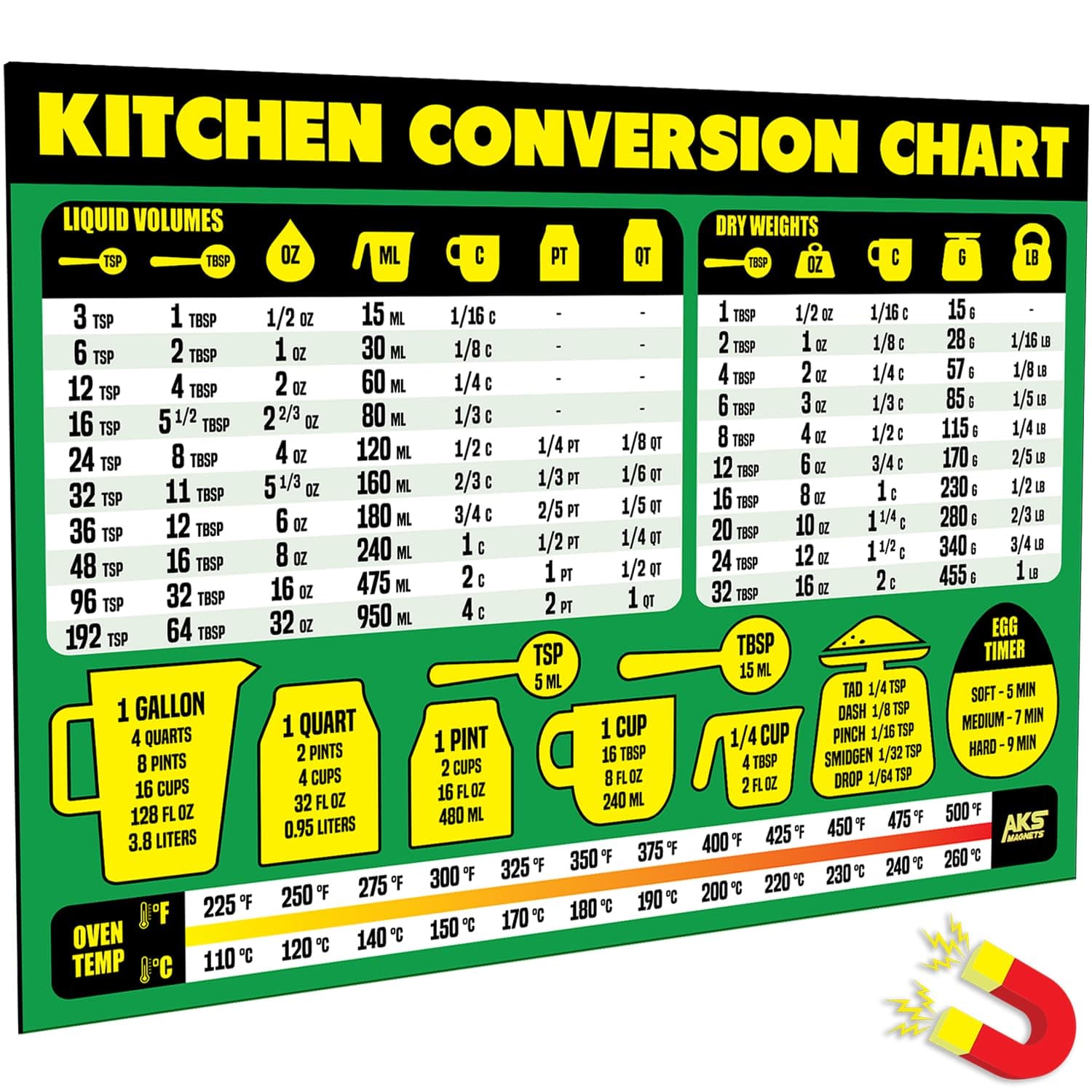 Kitchen Conversion Chart Magnet - Extra Large Easy to Read 11” x 8.5” Measurement Cheat Sheet for Cooking Baking & Reading Recipes - Convert Volume Weight Celsius Fahrenheit Imperial & Metric Units