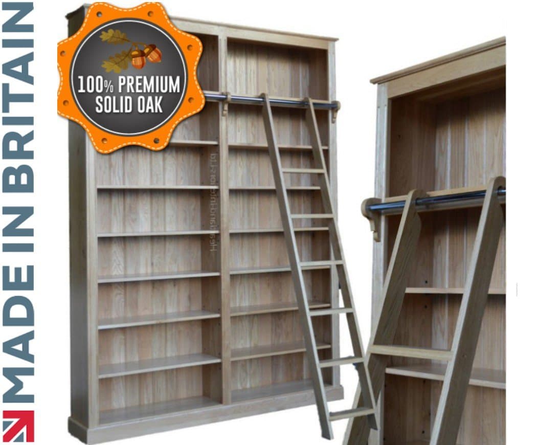 Traditional Solid Oak Bookcase, 8ft x 6ft Adjustable Display Library Shelves with Ladder. Heartland Oak. Choice of Colours! (BK13-LAD)