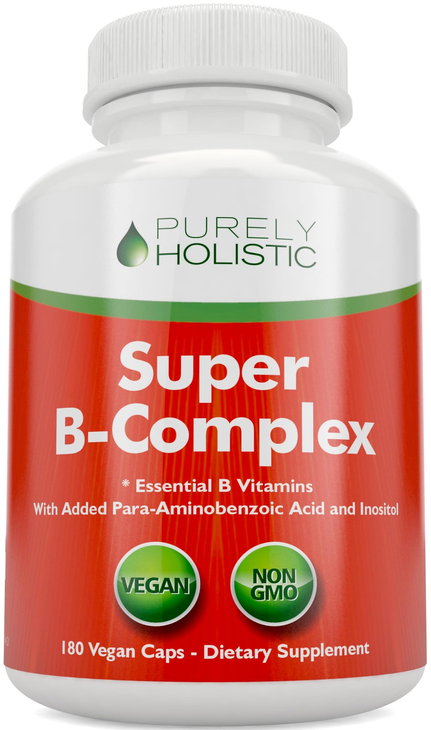 Purely Holistic Vitamin B Complex - 8 Super B Complex Vitamins with Choline & Inositol, Vitamins B1, B2, B3, B5, B6, B8, B9 & B12 - B100 Complex - 180 Vegan Capsules - 6 Month Supply - Made in The USA