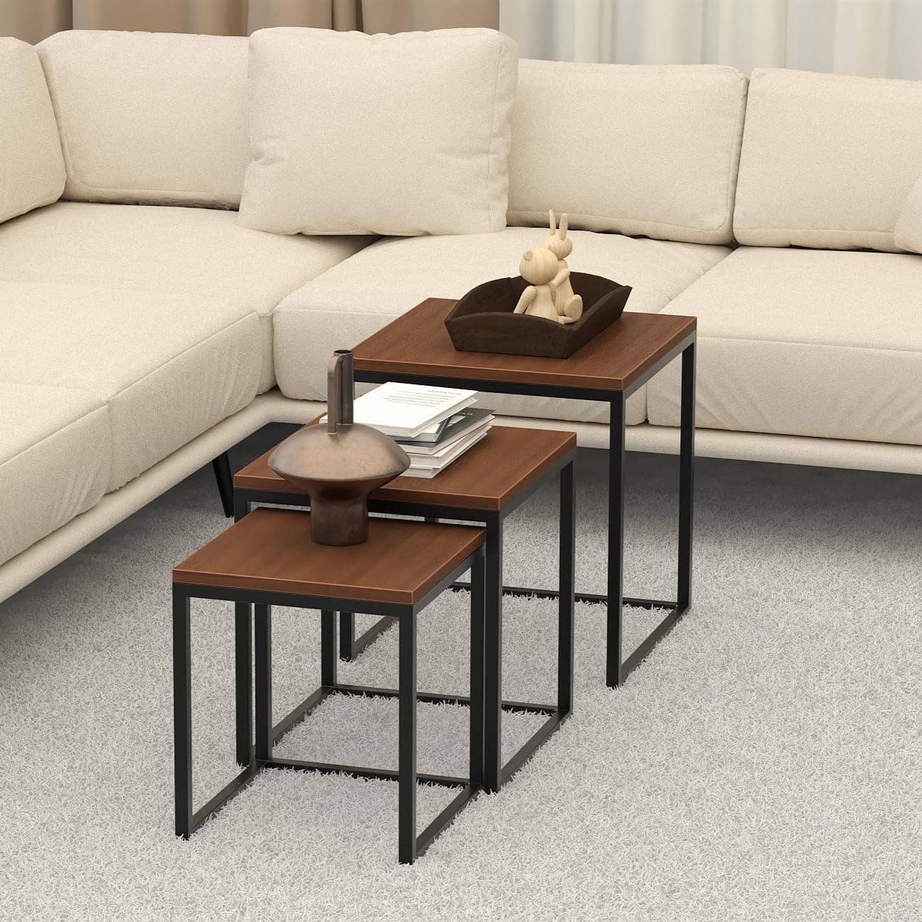 RIGID Nesting Coffee Table Set of 3 | Modern Stacking Side Tables with Metal Frame & Wood Finish | Space Saving Living Room Furniture End Tables (Brown, 44cm, 38.5cm) – Assembled