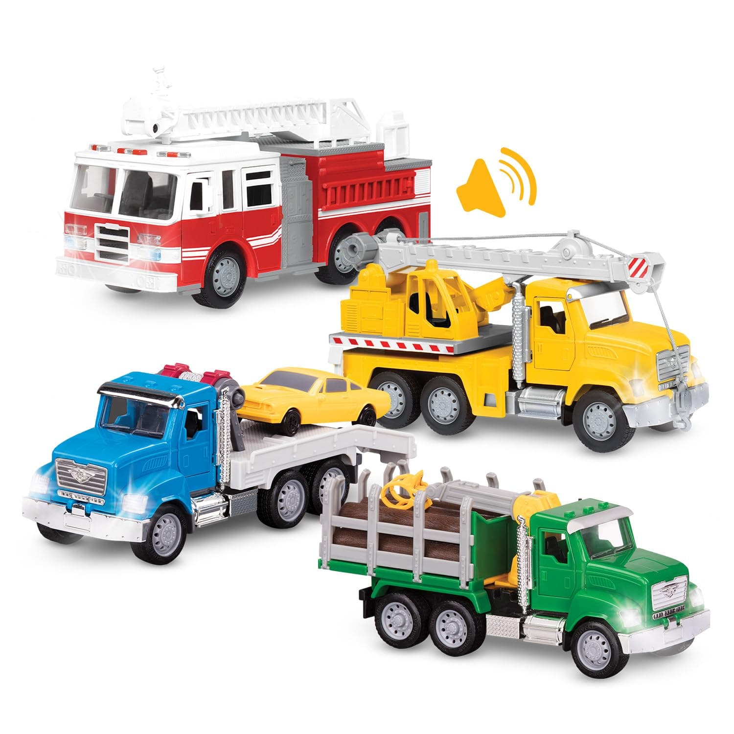 Driven by Battat – 4-Pack of 7" Toy Vehicles – Includes Street Sweeper, Garbage Truck, Police SUV, Fire Truck & Pick-Up – Durable Build, Lights & Sounds – Great Gift for Kids Ages 3+