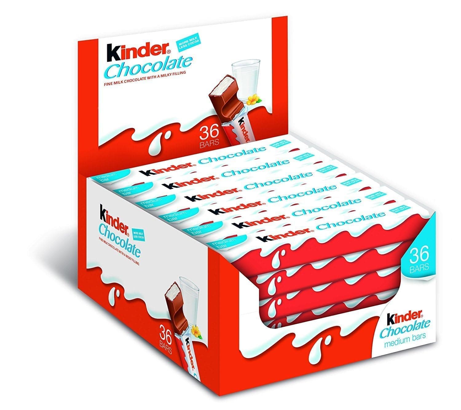Kinder Chocolate Medium Bars, Bulk Chocolate Gift Box, Fine Milk Chocolate Bar with a Milky Filling, Pack of 36 (756gr)