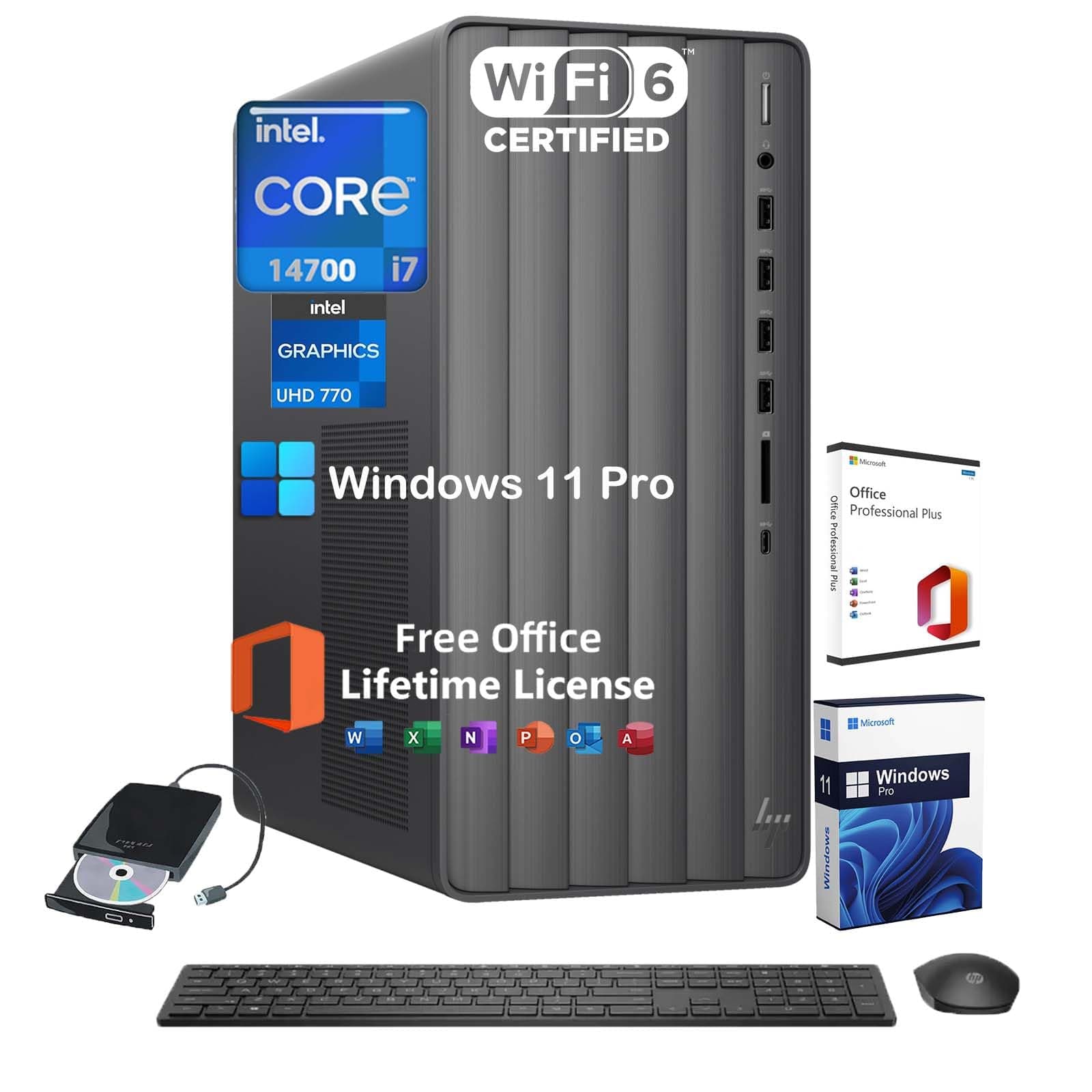 Envy Desktop PC Tower, Intel 20-Core i7-14700(Up to 5.4GHz), Office Lifetime, 32GB RAM, 1TB SSD, 2TB HDD, Windows 11 Pro, Intel UHD Graphics 770, External DVD Drive, Wi-Fi 6, W/Accessories