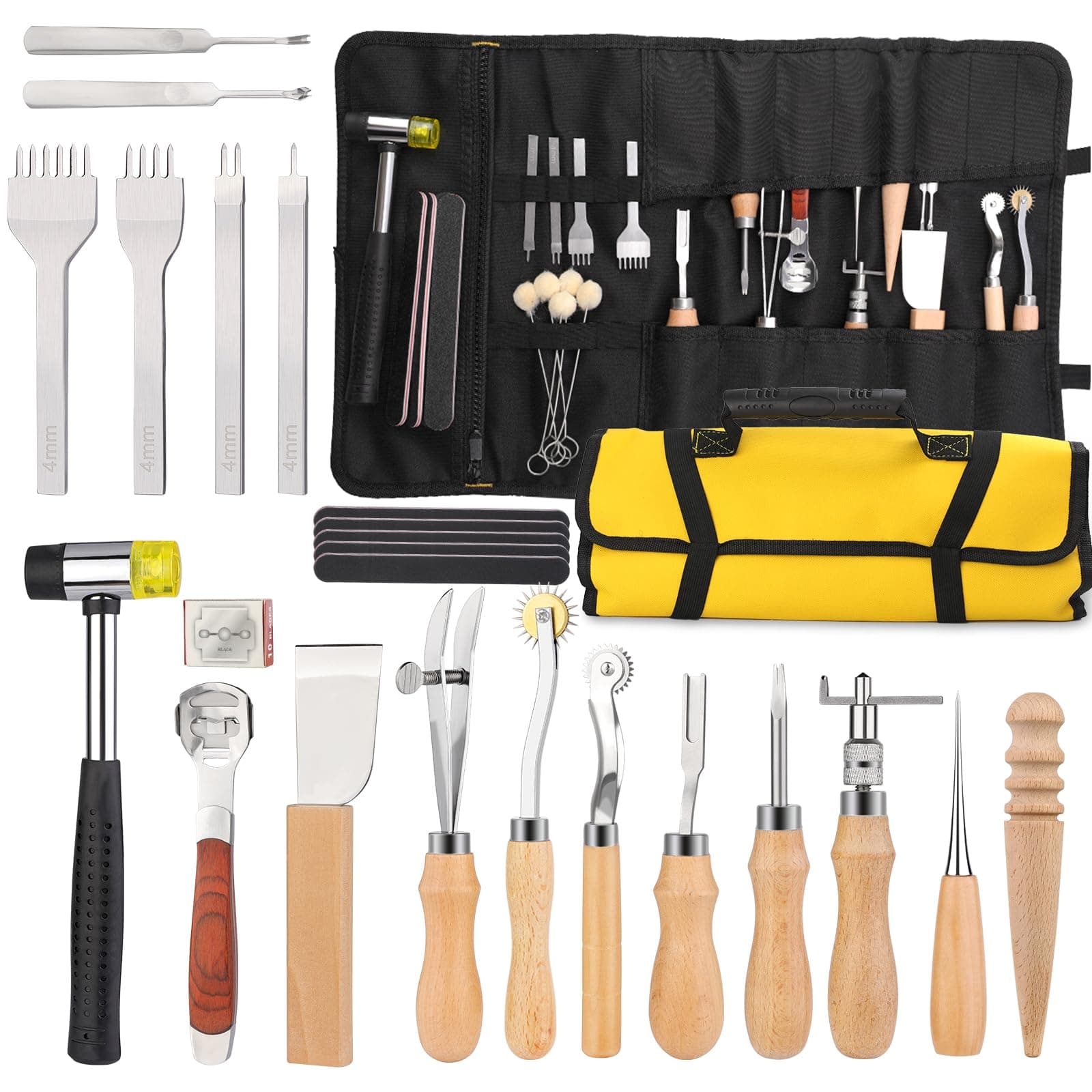 Leather Crafting Tools Leather Working Kit Tool Kit Working Tool Kit with Prong Punch, Hammer, Stitching Groover, Leathers Skiver for Leathers Making Projects