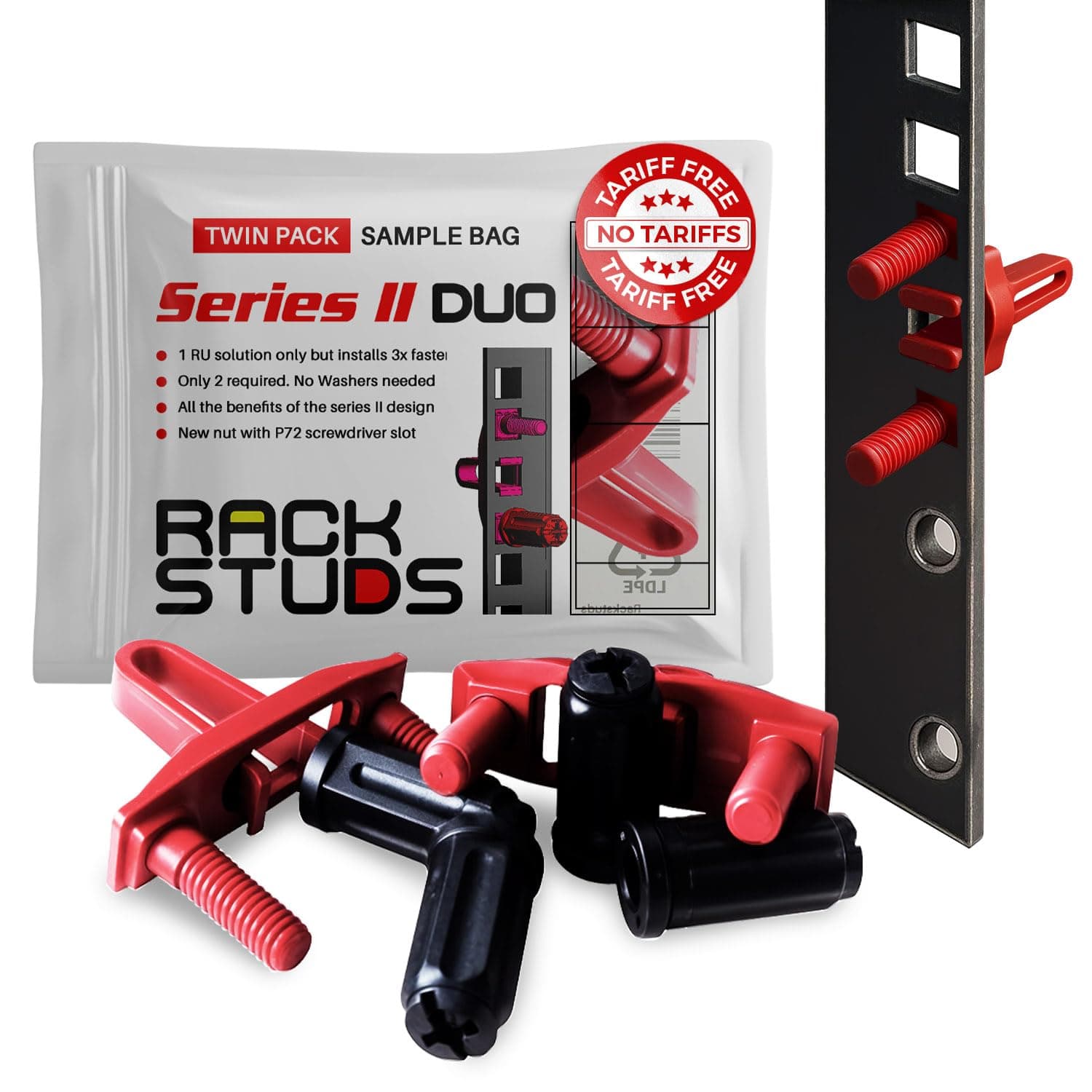 Duo2 1RU Rack Mount Solution Series II – No More Cage Nuts! The Easiest and Safest Server Rack Solution in 19" Racks with Square Punched Vertical Rails | 2-Pack Sample, Universal Version