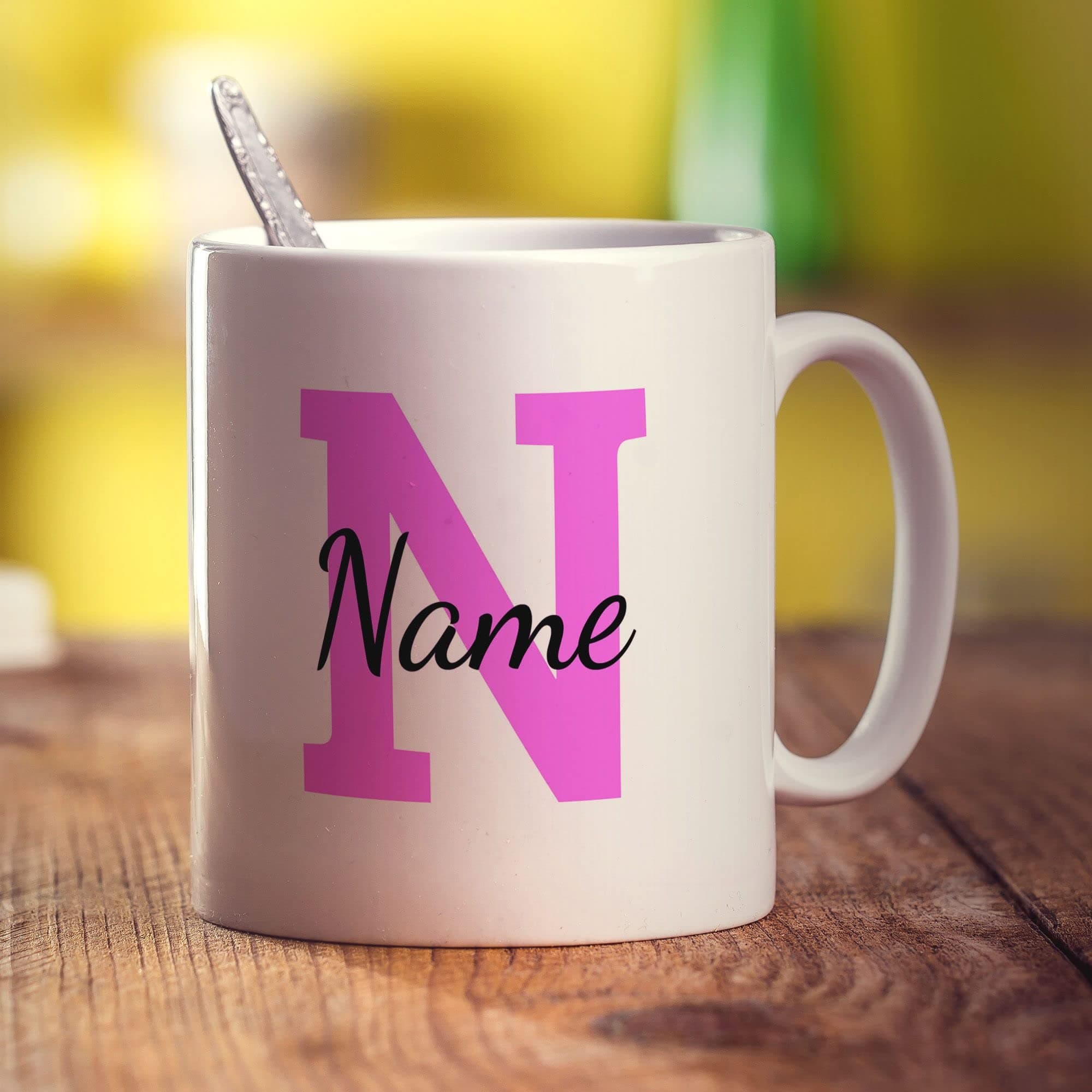 Personalised Mug With Initial & Name - 11oz Cup - Customised Printed Gift for Him, Her, Anniversary, Wedding, Birthday - Pink