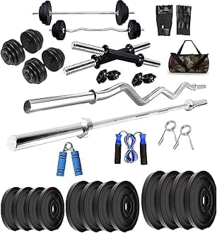BULLAR Home Gym Set, Home Gym Combo, Home Gym Equipments for Men, Home Gym Kit with 32Kg Weight Plates, 5ft Straight Rod and 3ft curl Rod, 1 Pair Dumbbell rods & Accessories