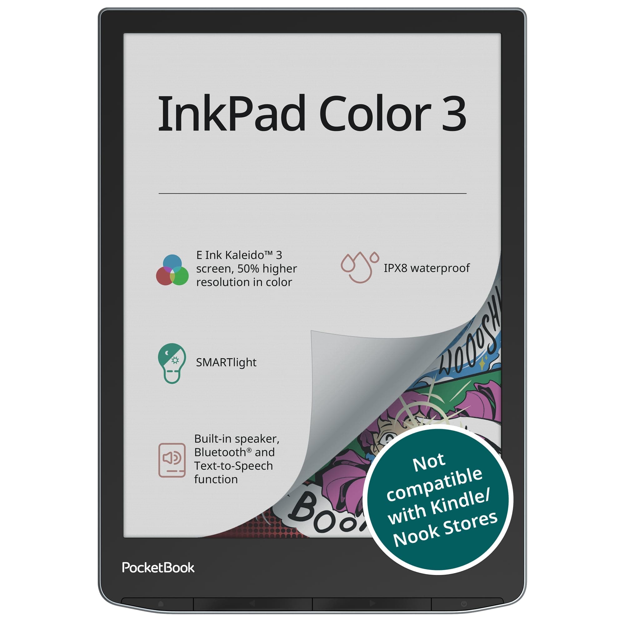 PocketBook InkPad Color 3 E Ink E-Reader 32GB - Enhanced 7.8'' Color E-Paper Display-Eye-Friendly Audio-Book & E-Book Reader-Text-to-Speech-SMARTlight, Bluetooth, Built-in Speaker-Waterproof