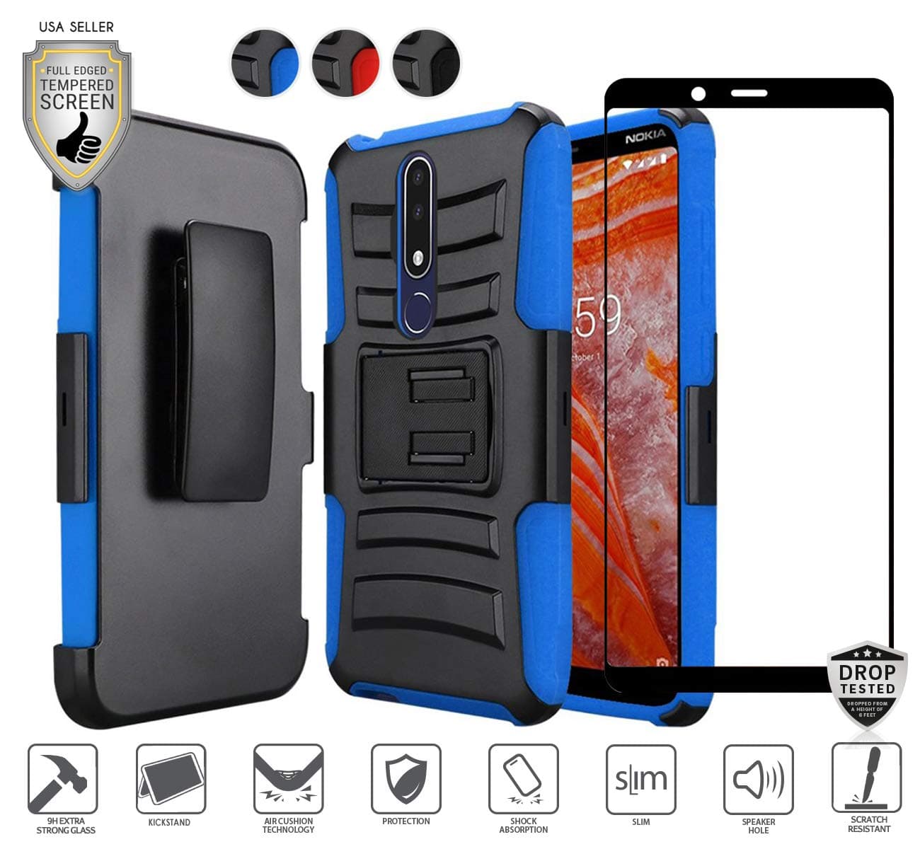 Compatible for Nokia 3.1 Plus Case (Plus Version Only) with Full Edged Tempered Glass Screen Protector, Premium Holster Combo Case [Clip] with Stand [Shockproof] [Armor] [Rugged] Case (Blue)