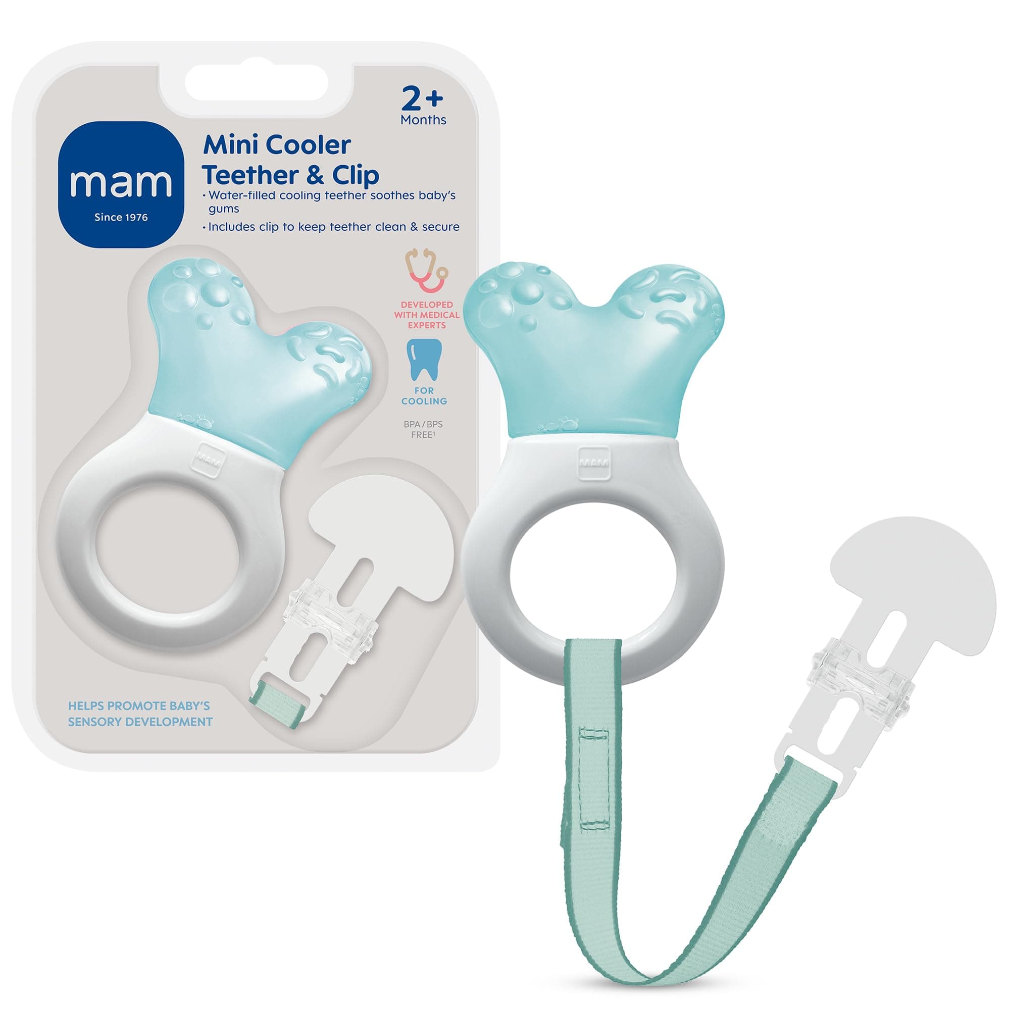 MAM Mini Cooler Baby Teether with Clip – Cooling Teething Ring for Teething Relief, Lightweight Easy-Grip Handle, Reaches Back Teeth, Refrigerator Safe Infant Teething Toy (1 Pack)