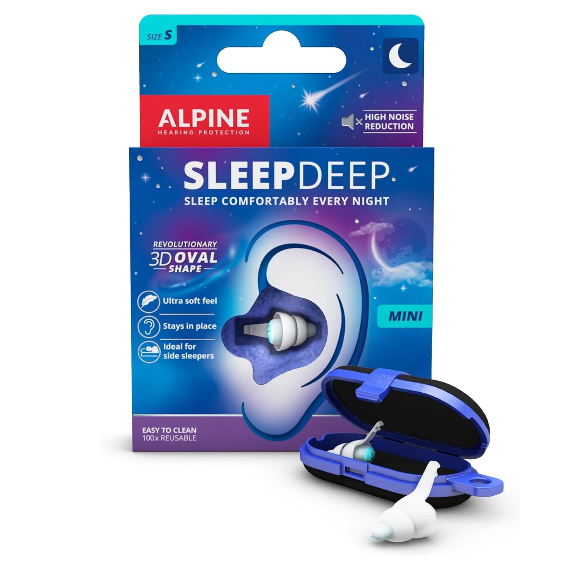 Alpine SleepDeep Mini - Soft Ear Plugs for Sleeping and Concentration - New 3D Oval Shape and Noise Reducing Gel for Better Attenuation - 27dB - Ideal for Side Sleeper - 1-Pair Reusable: S