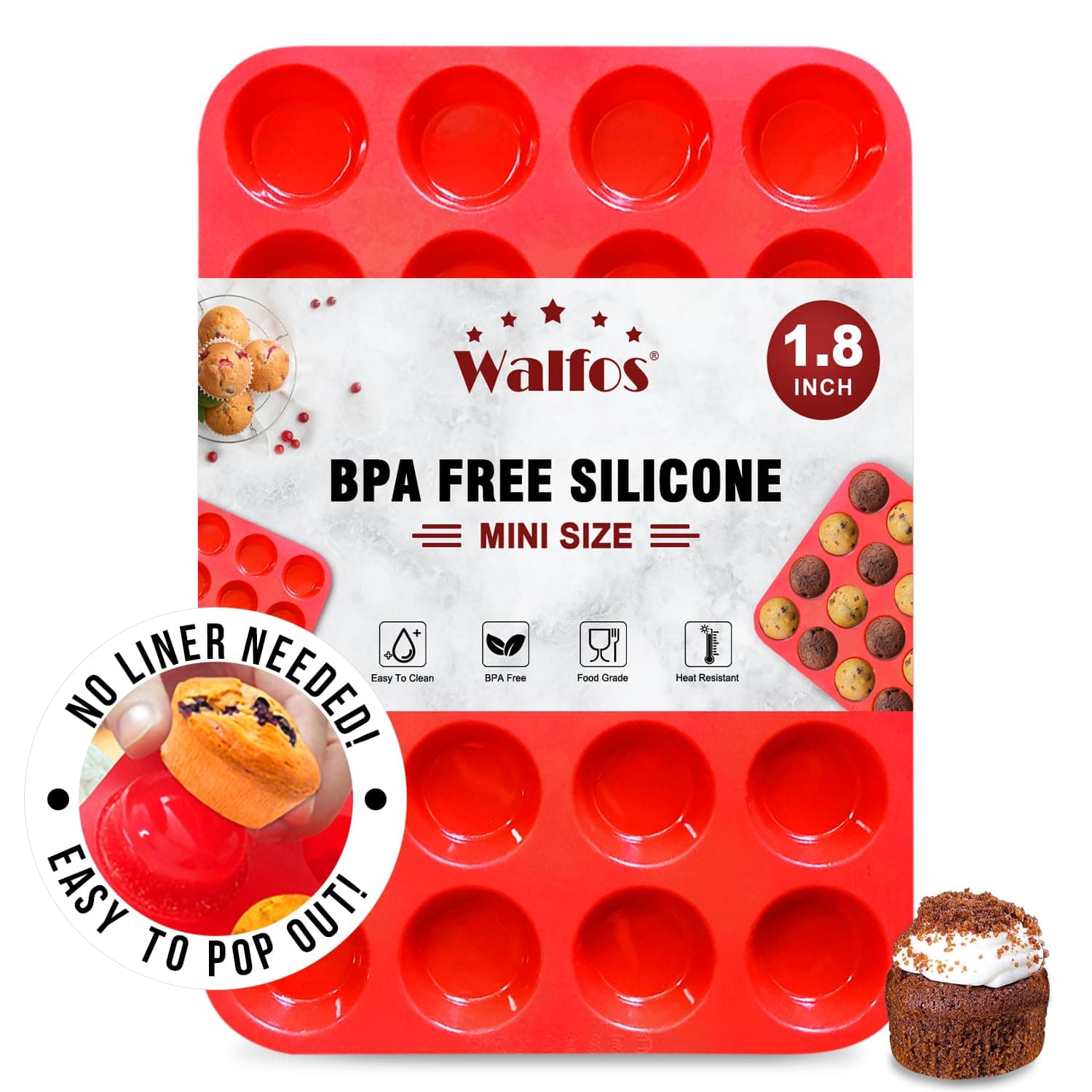 Walfos Mini Silicone Muffin Pan - 24 Cups, BPA Free and Dishwasher Safe, Non-stick Silicone Cupcake Baking Pan, Great for Making Muffin Cakes, Tart, Bread