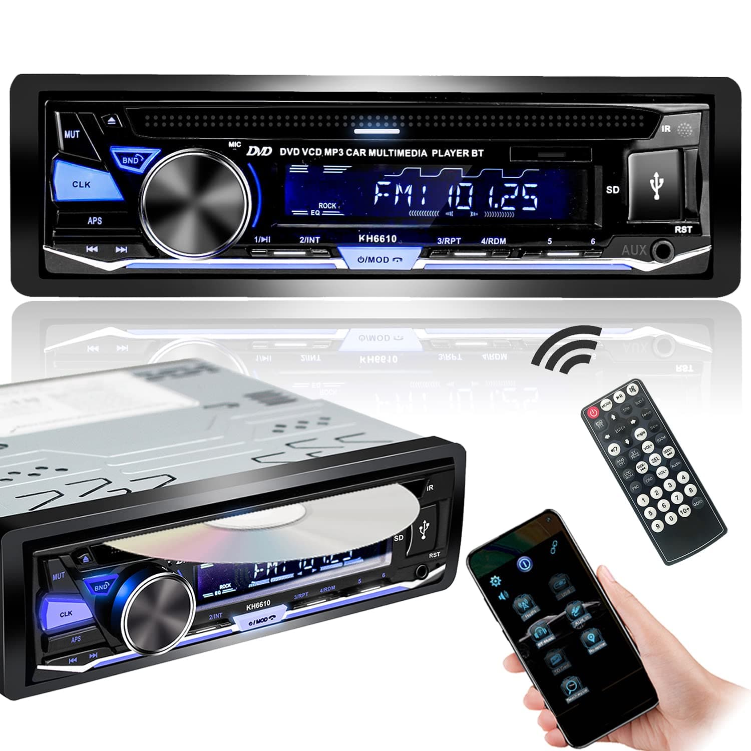 Single Din Car Stereo with CD/DVD Player I Bluetooth I FM/RDS/AM Radio I APP Control I MP3 USB SD AUX