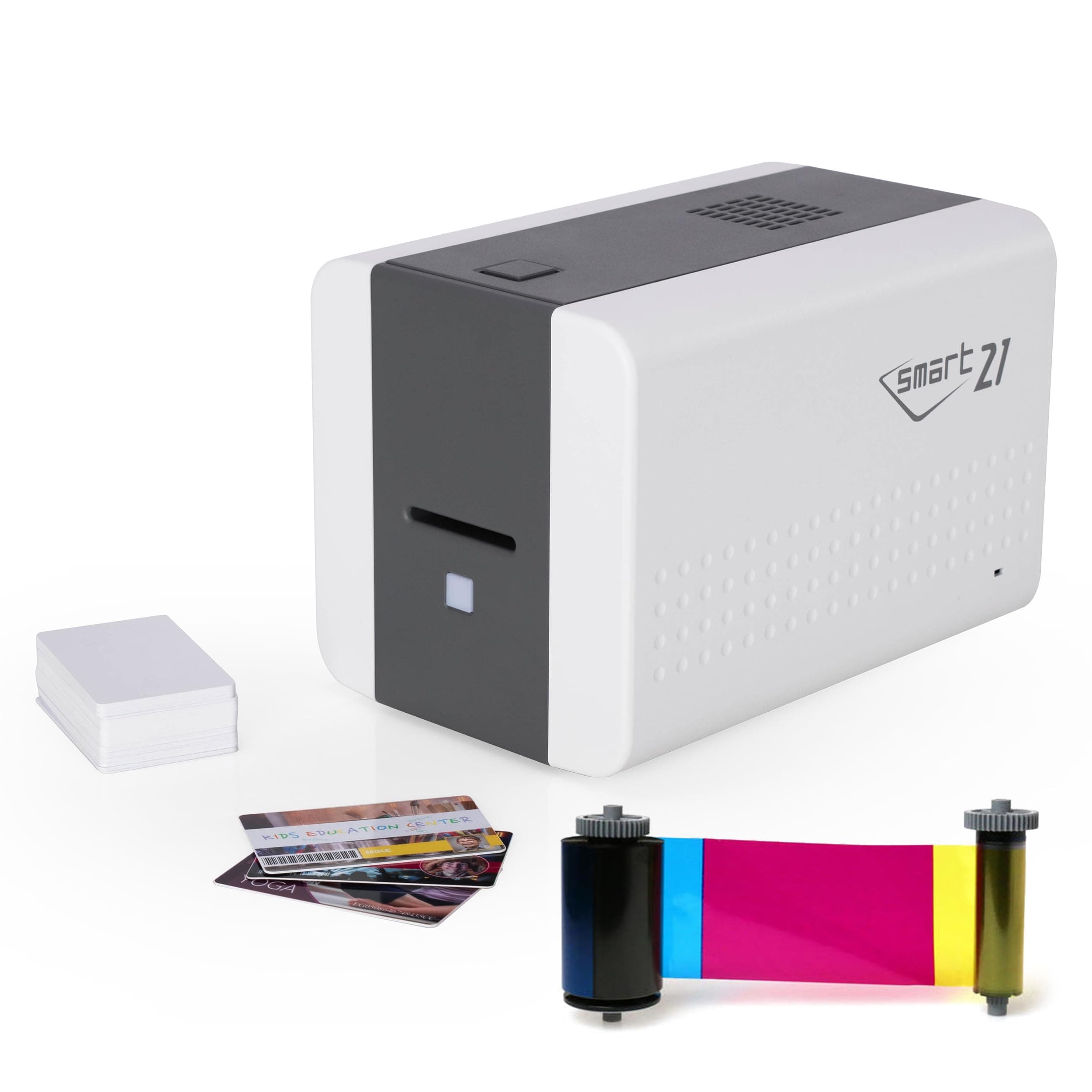 IDP SMART-21 Series ID Card Simplex Starter Printer Kit with Software, Manual and Guides - Includes 100-Print YMCKO Color Ribbon and 100 PVC Plastic Cards