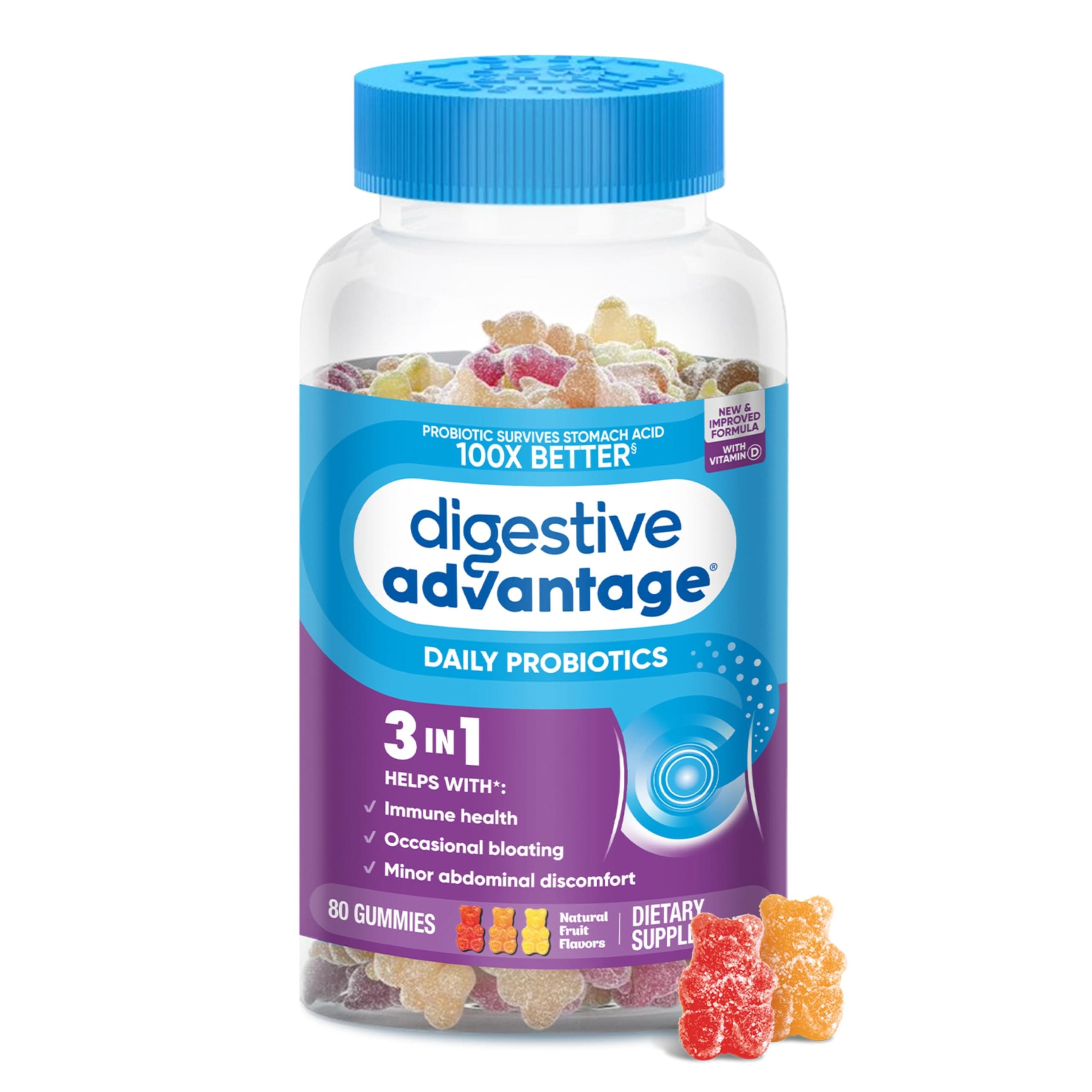 Probiotic Gummies For Digestive Health, Vitamin D, Daily Probiotics For Women &Men Occasional Bloating, Minor Abdominal Discomfort & Gut Health, 80ct Natural Fruit Flavors