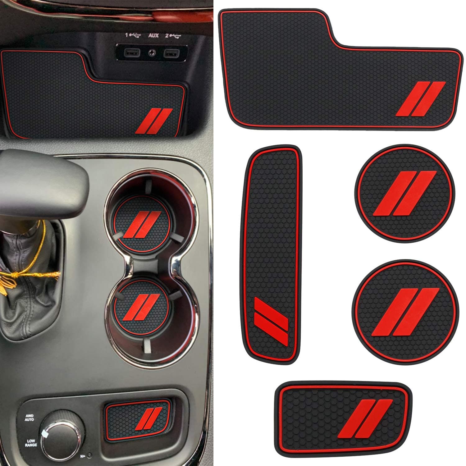 REMOCH Center Console Mats for Durango Accessories 2014 2015 2016 2017 2018 2019 2020 Cup Holder Insert Coasters Custom Fit Cup Liners Pads Interior Decoration (Red Trim) - 5 Pcs Set