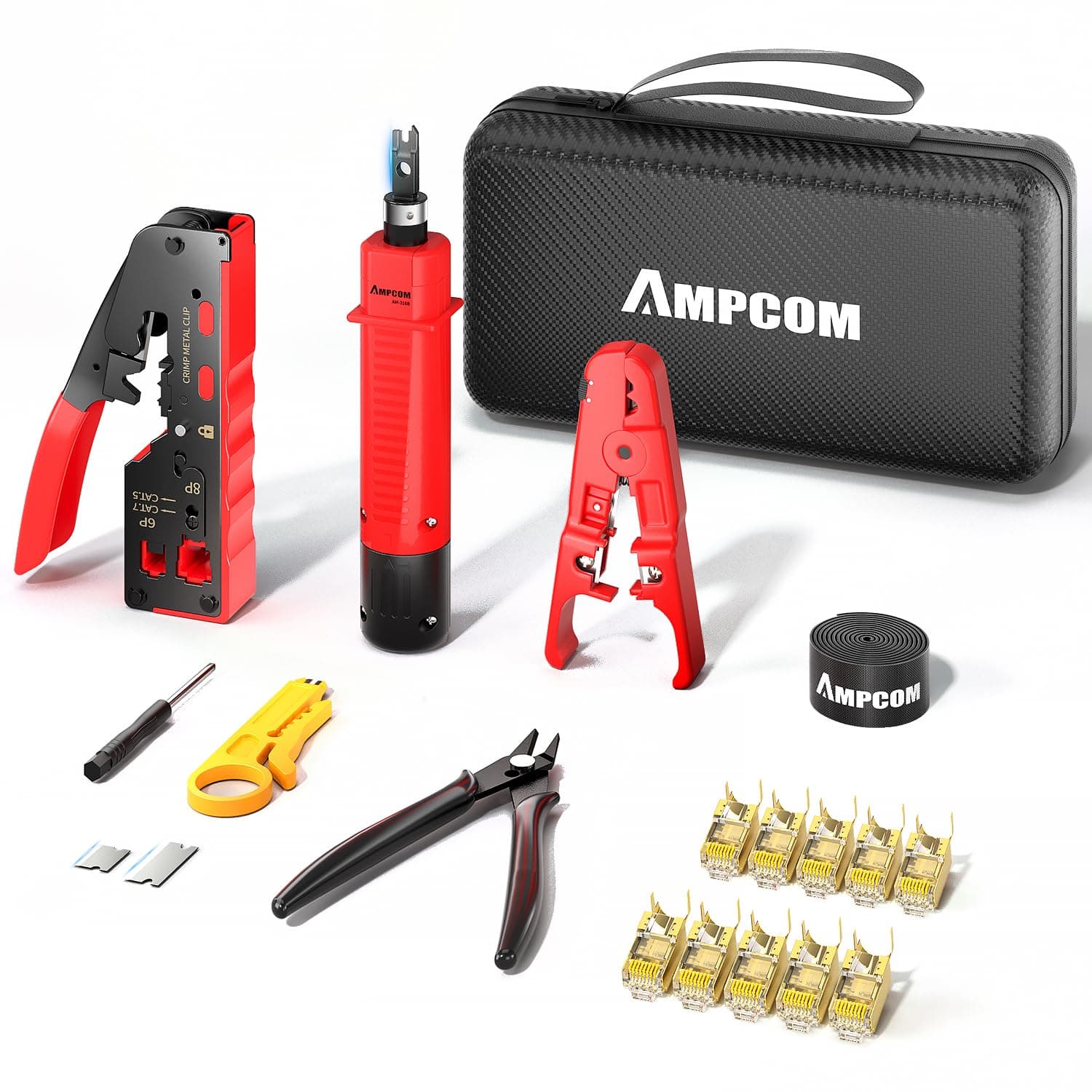 AMPCOM Ethernet Crimping Tool Kit, 8-in-1 Network Tool Kit for Pass-Through RJ45/RJ11, STP Cat7/6A & UTP Cat6/5E Connectors, Includes 110 Punch Down Tool & Wire Stripper, Portable Waterproof Bag