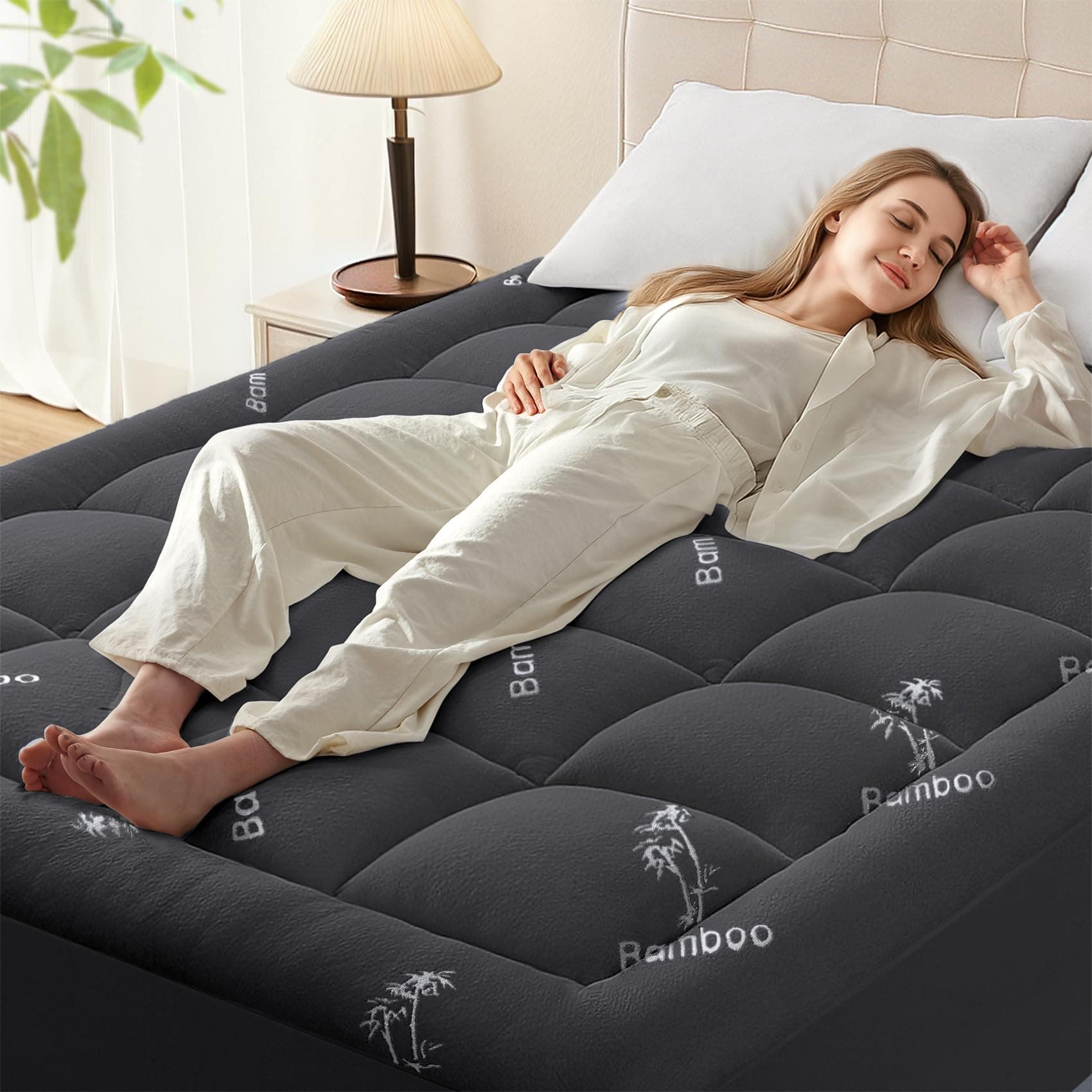 Anluoer Memory Foam Mattress Topper Twin for Back Pain, Rayon Derived from Bamboo Pillow Top Mattress Topper for Hot Sleepers,Cooling Mattress Pad with 8-21" Deep Pocket, 39x75 Inches, Dark Grey