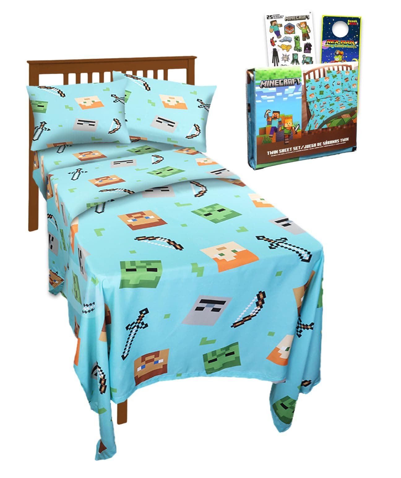 Minecraft Twin Bedding Set for Toddlers - Bundle Includes Minecraft Sheets with Flat Sheet, Fitted Sheet, and Pillowcase for Twin Bed Plus Stickers, More | Minecraft Bedroom Decor