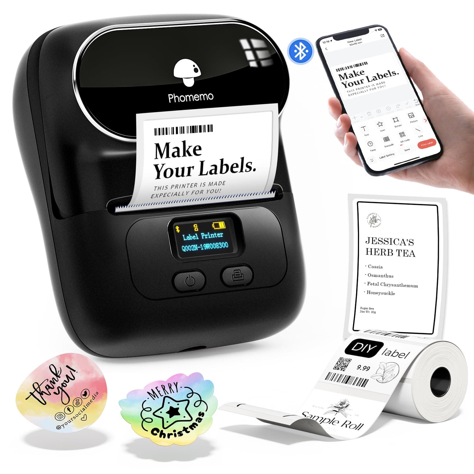Phomemo M110 Portable Label Printer, Labelling Device Bluetooth for iOS & Android, Barcode Printer for Clothing, Jewellery, Retail, Household, with 1 Roll 40 x 30 mm Label
