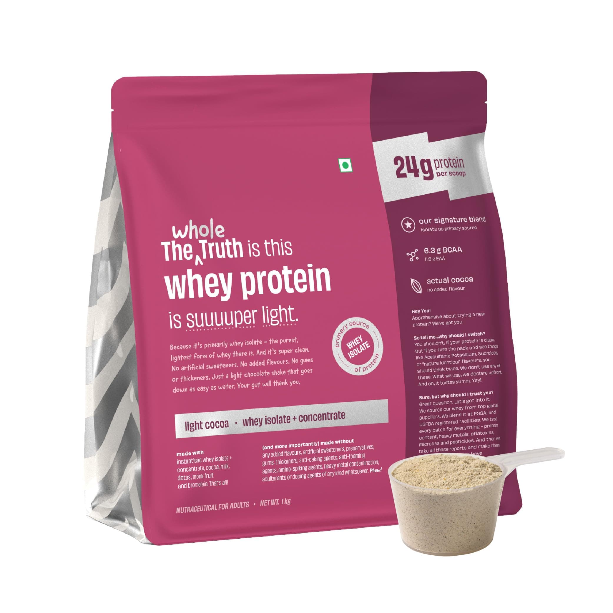 Whey Protein Isolate+Concentrate | Light Cocoa 1kg (2.2 lbs) | 24g Protein per scoop | 6.3g BCAA | No Adulteration | Clean, Light & Easy to Digest | Vegetarian | No Artificial Flavours