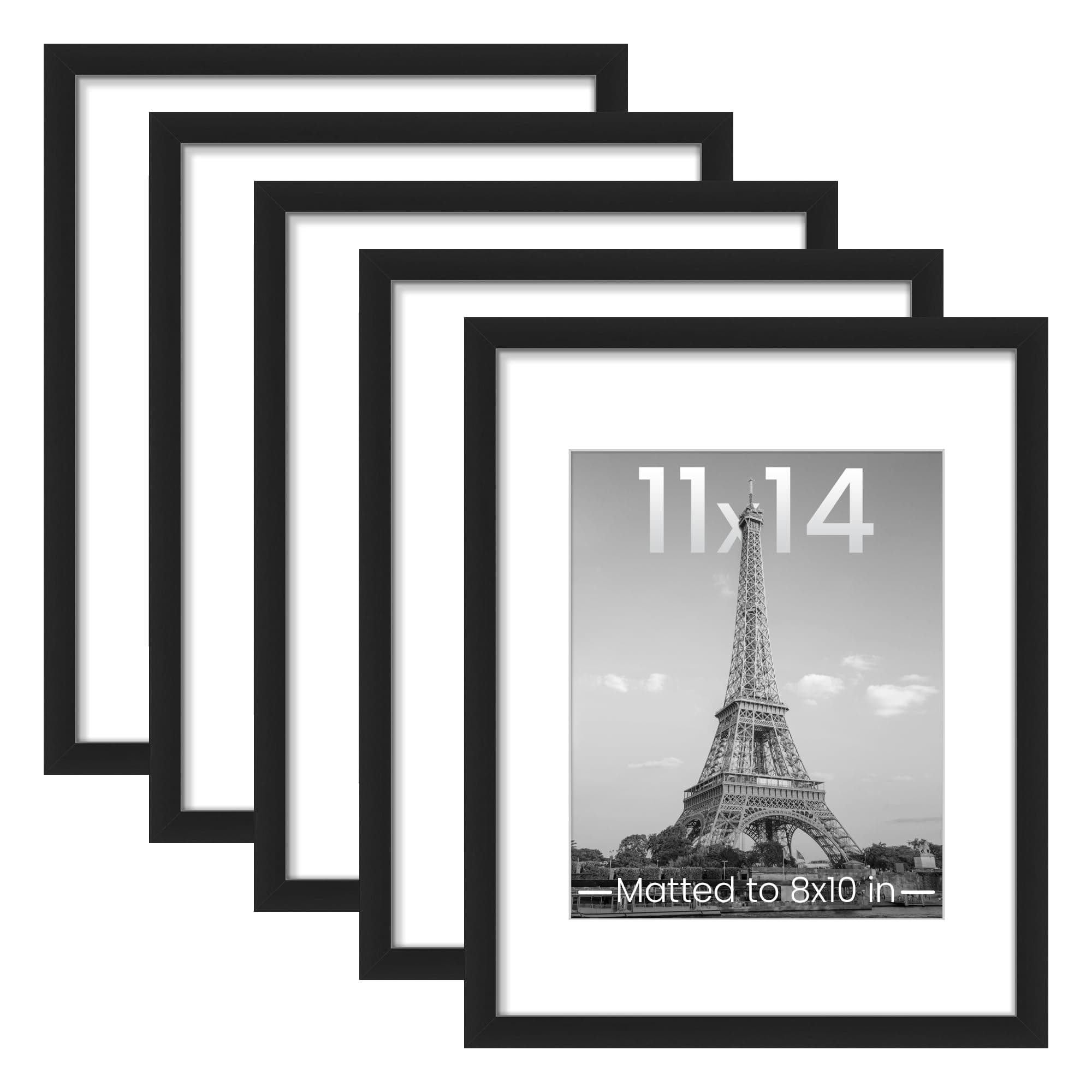 11x14 Picture Frame Set of 5, Display Pictures 8x10 with Mat or 11x14 Without Mat, Wall Gallery Photo Frames, Black