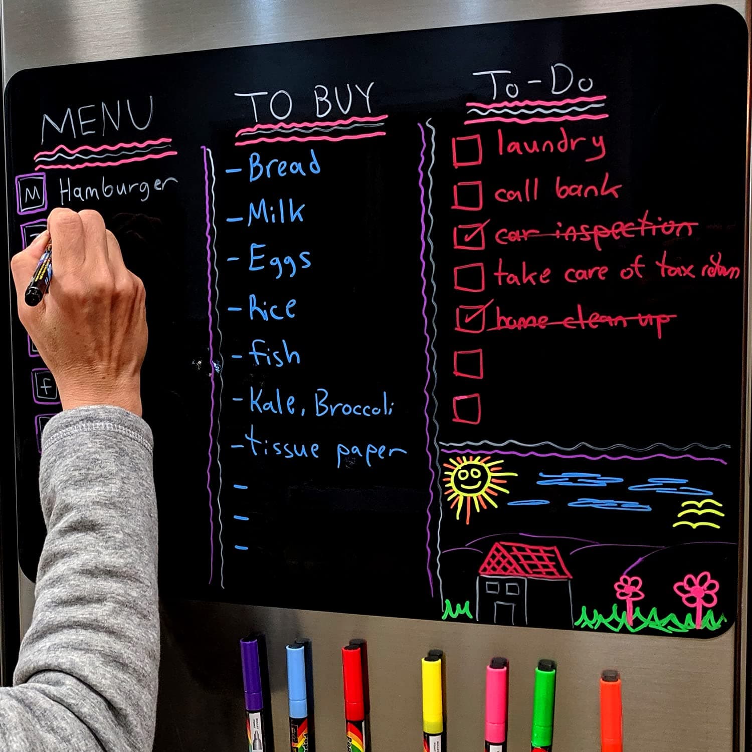 Premium Magnetic Wet/Dry-Erase Blackboard for Refrigerator (Fridge Chalkboard) - 17.5"x13.5" Large Size Black Organizer (Stain Free) | 8 Liquid Neon Chalk Markers | Grocery/to-Do Lists Board